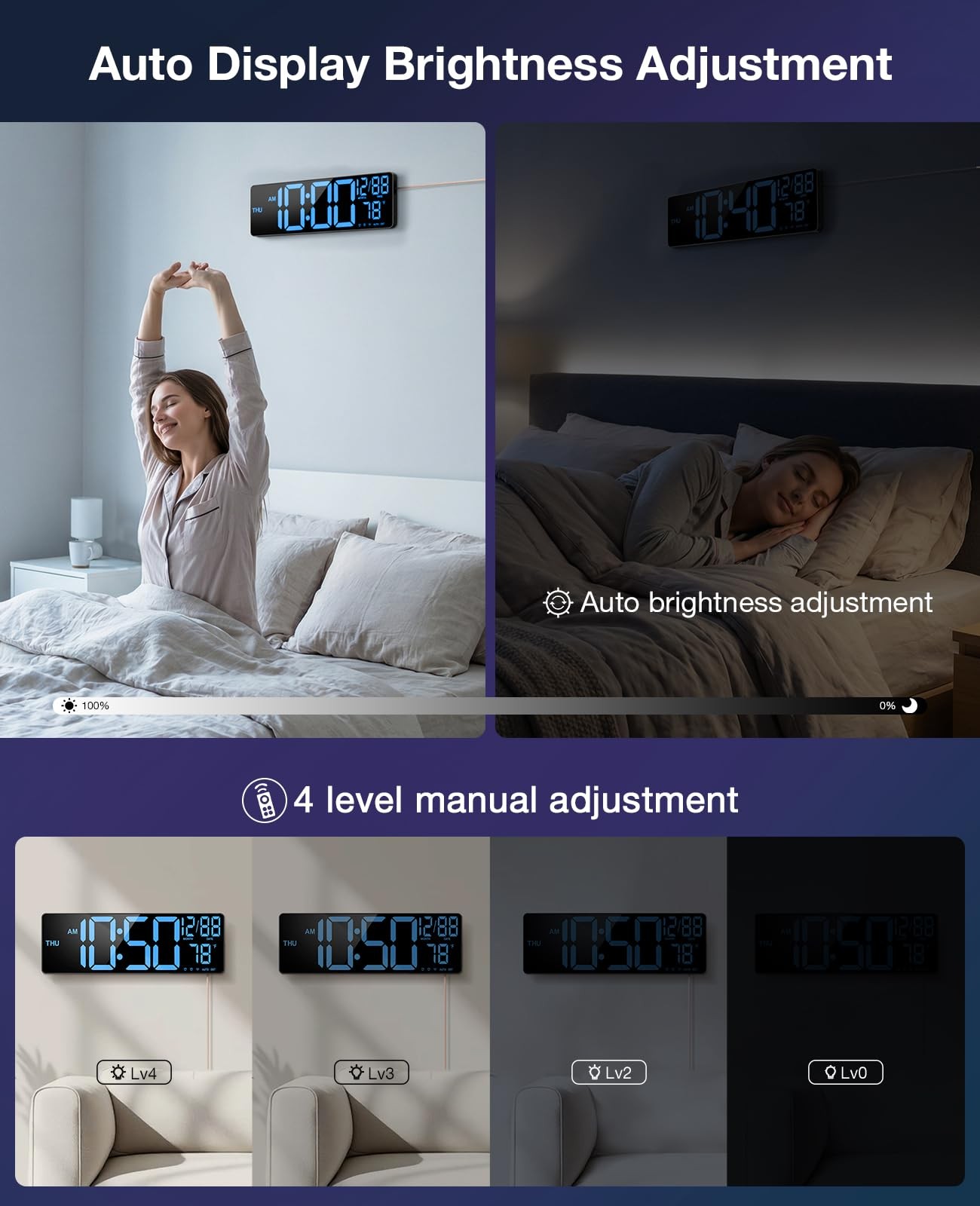 16” Large Digital LED Wall Clock with Remote Control Dual Alarm 8 RGB Bluetooth