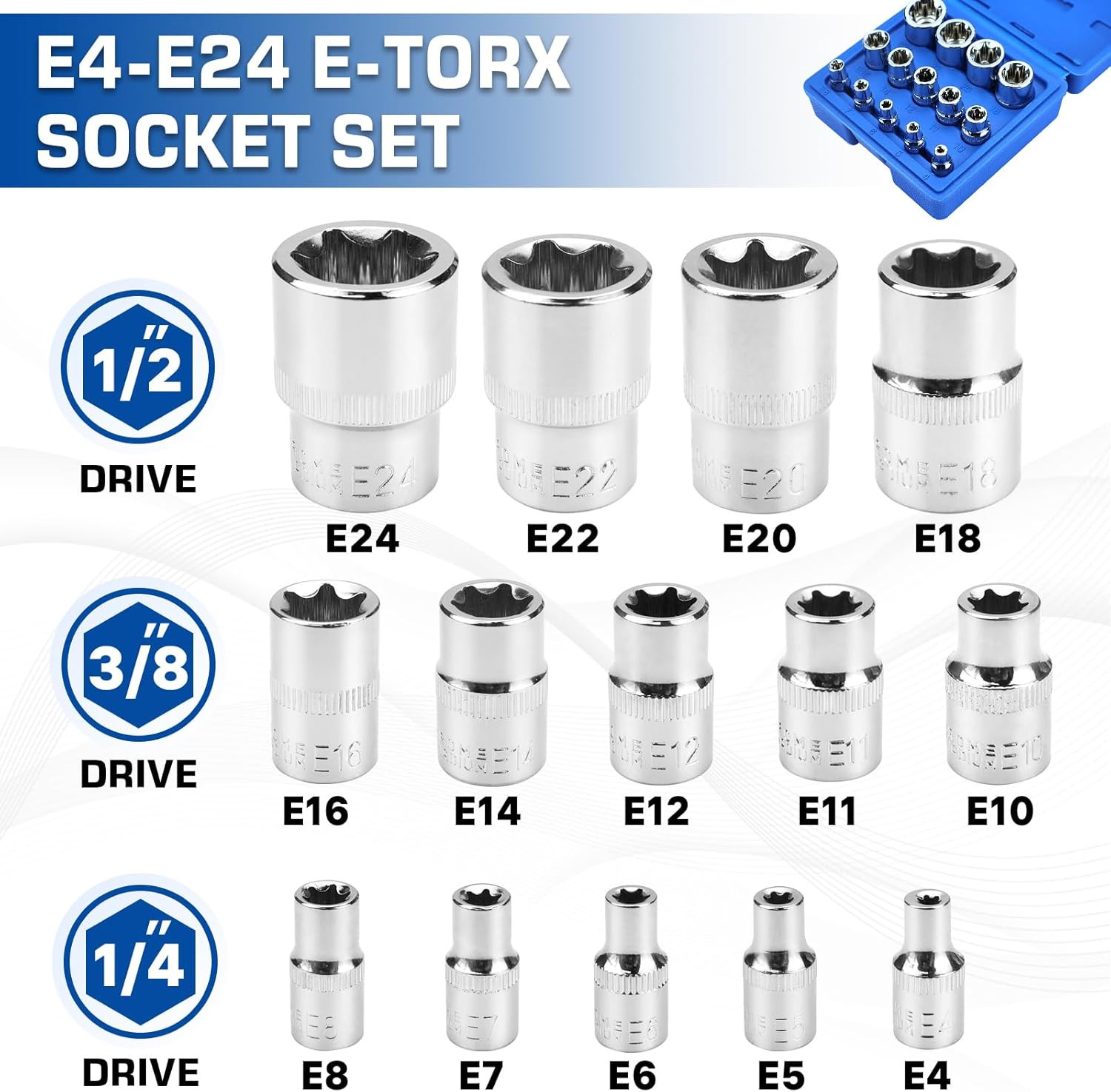 14-Piece Female E-Torx Socket Set, E4-E24 External Star Sockets, 1/4″ 3/8″ 1/2″