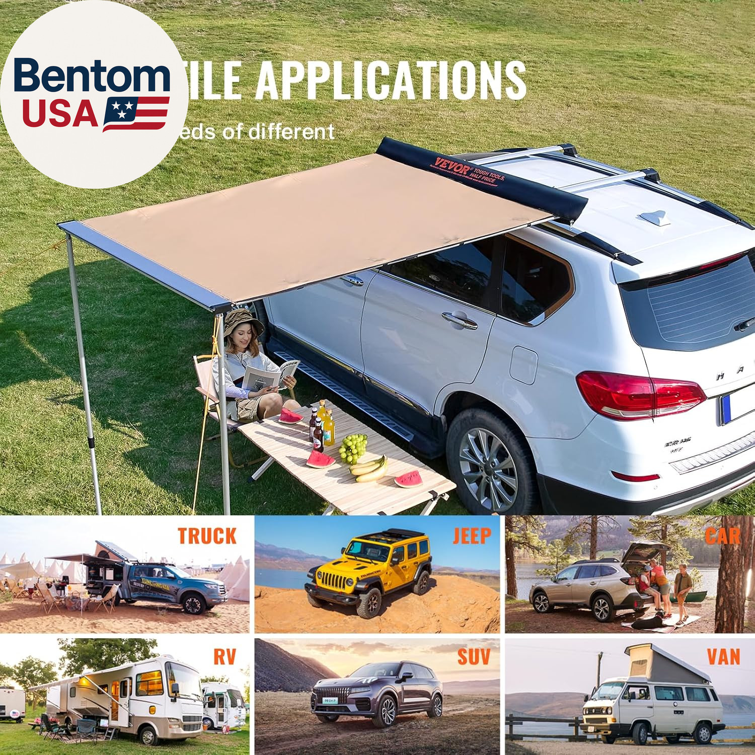 Vehicle Awning 4.6’X6.6′ Roof Rack Pull-Out Sun Shade UV50+ Pu3000Mm, Retractabl