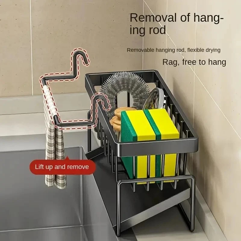 Black Plastic Kitchen Sink Sponge Organizer Rack with Towel Holder Rust Free