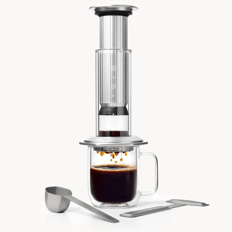 AeroPress Coffee Maker – Premium Glass & Metal 3 in 1 Coffee Press – Silver NWT