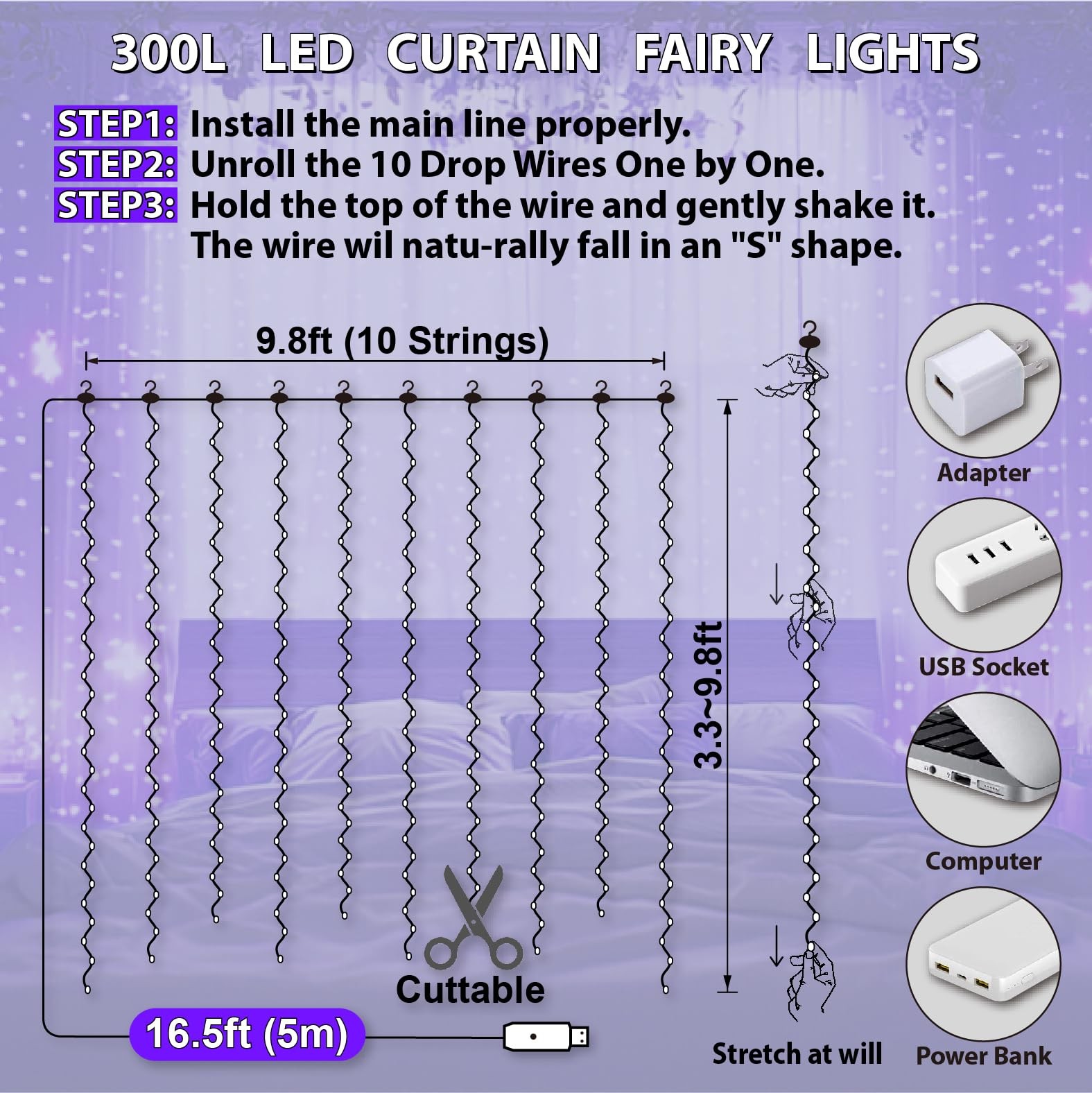 300LED Fairy Curtain Lights, 9.8×9.8Ft USB Plug-in 8 Modes Christmas String H…