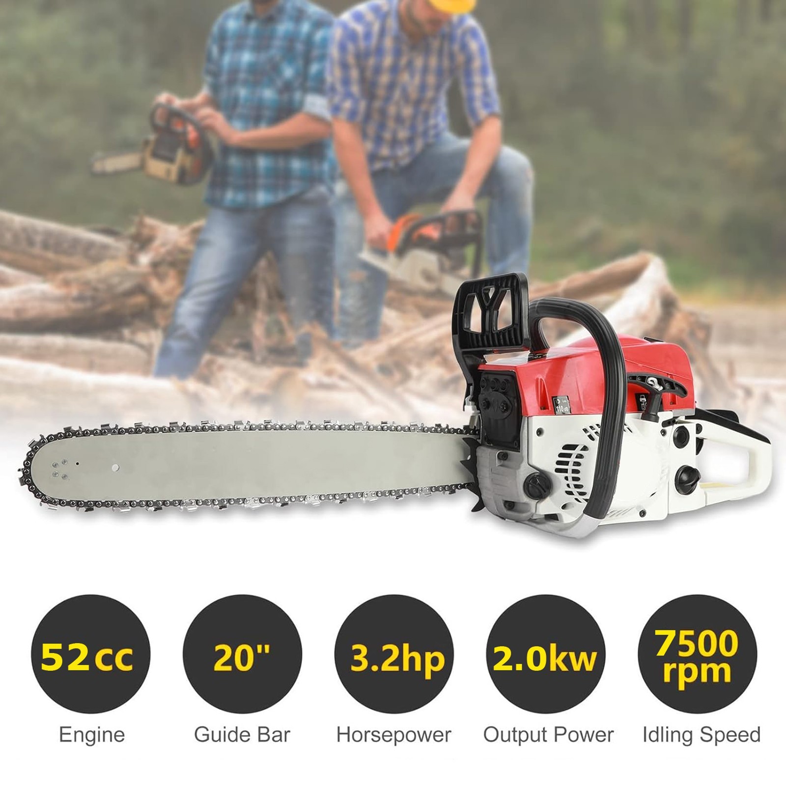 2-Stroke Gasoline Chainsaw 52 CC 20″ Bar Power Engine Wood Cutting Gas Chain Saw