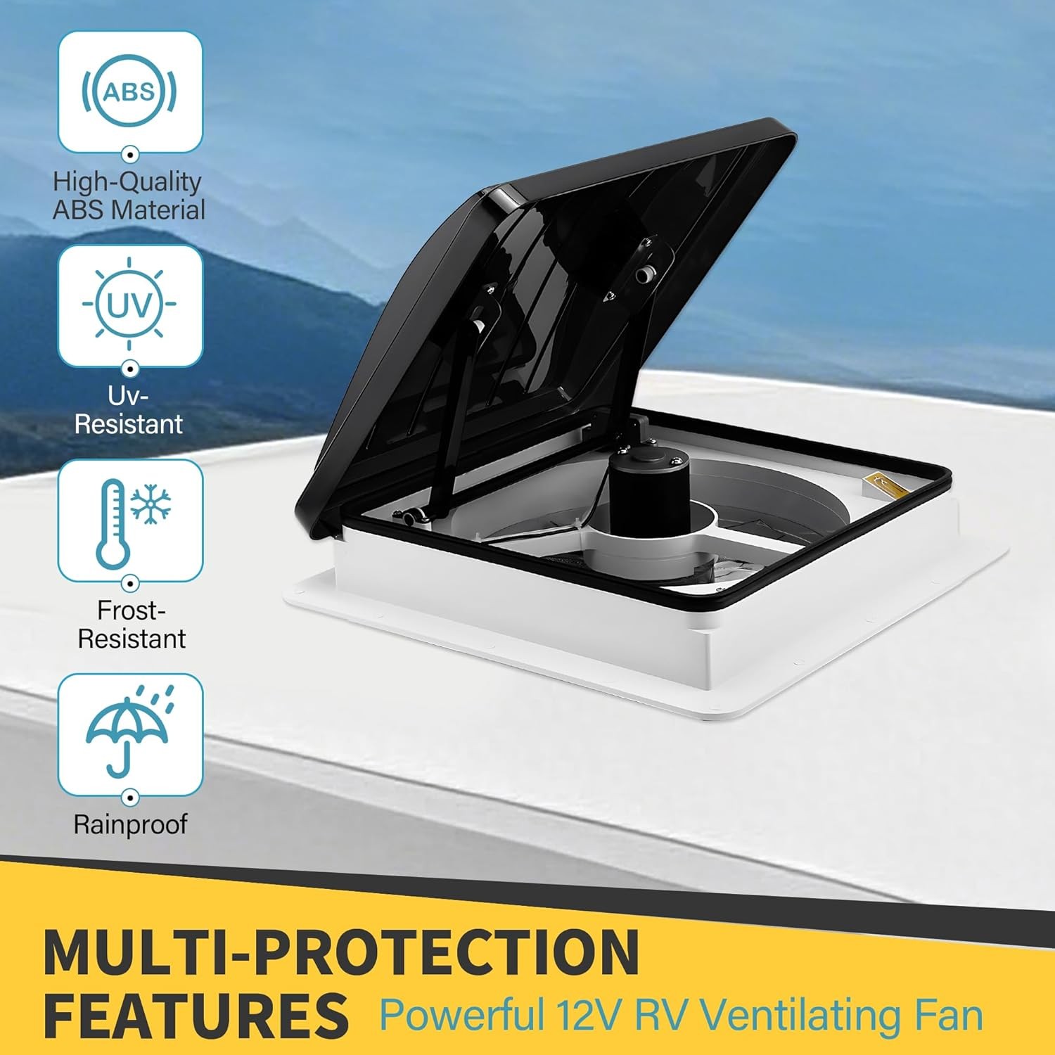 14″ RV Roof Vent Fan w/LED Light – Rain Temperature System, Stepless Speed Regul