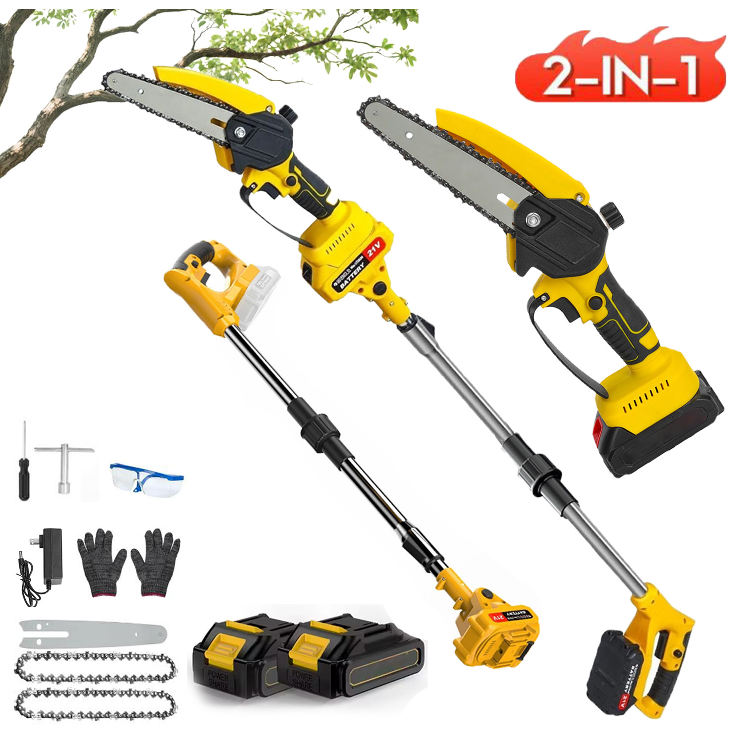 2 in1 Cordless Pole Saw Brushless Mini Chainsaw for Tree Trimming w/ 2 Batteries