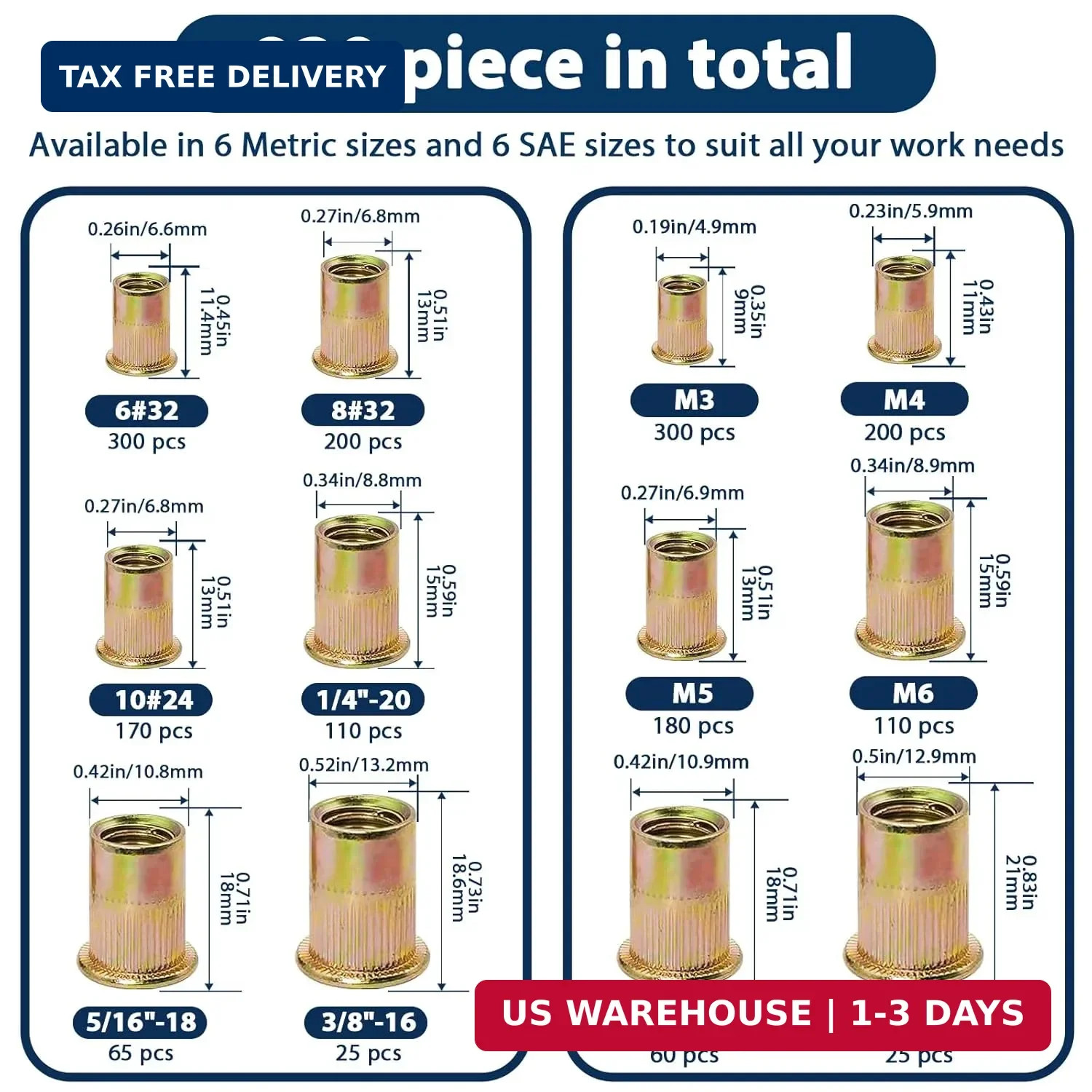 Metric & SAE Rivet Nut Assortment Kit(920 Pcs), M3 M4 M5 M6 M8 M10#6-32#8-32#10-