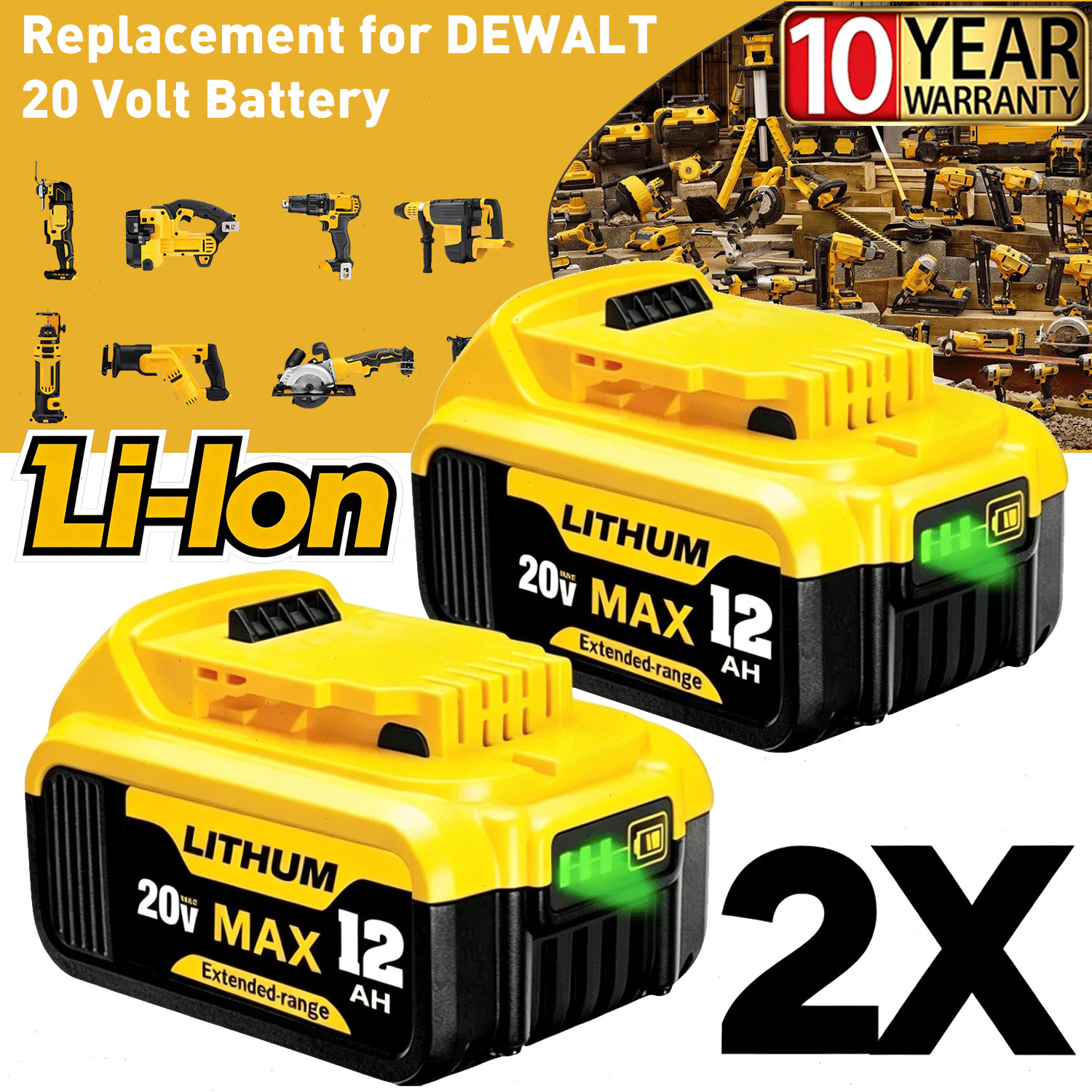 2Pack 12.0AH replace For DeWalt 20V 20 Volt Max Lithium Battery DCB206 DCB205-2
