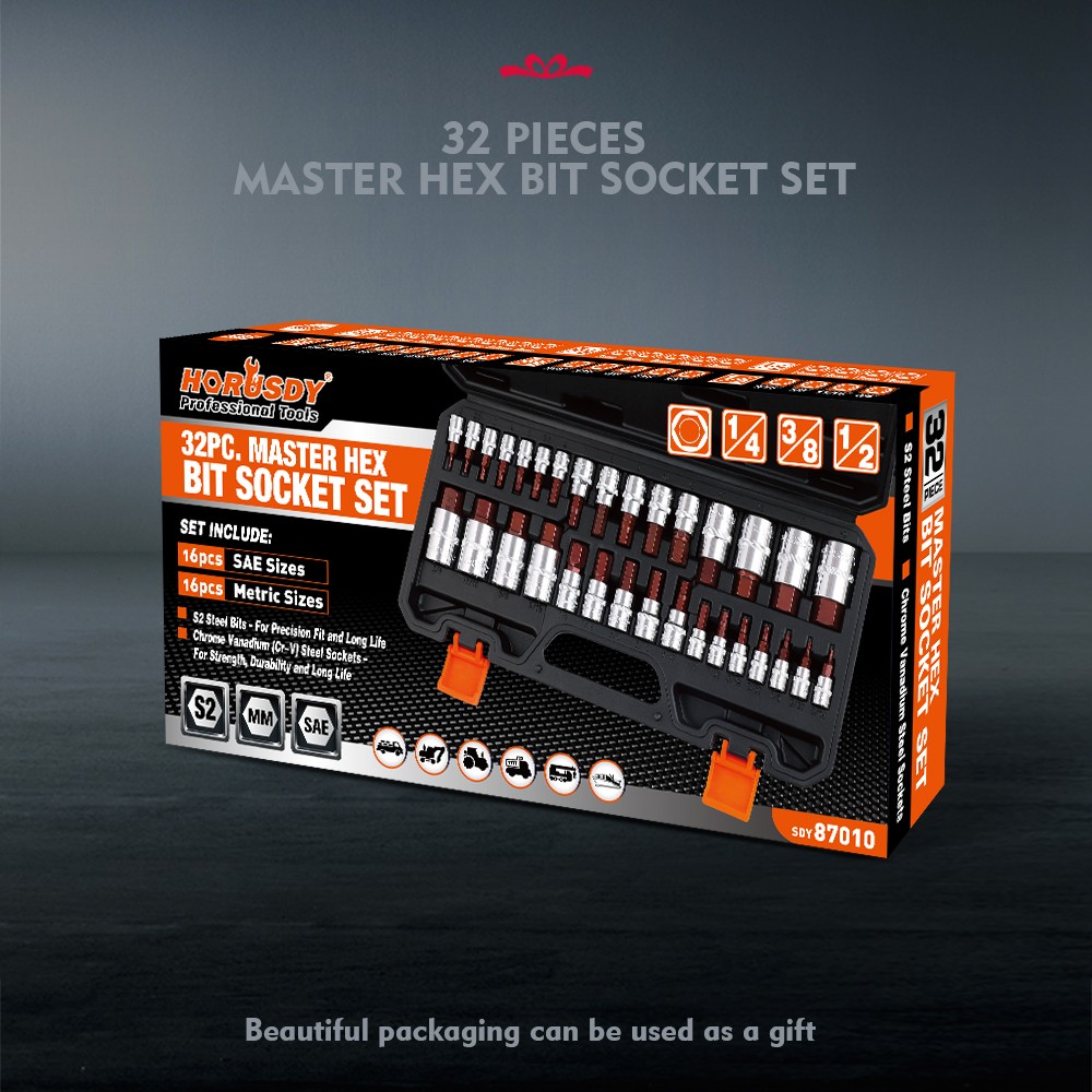 HORUSDY Hex Bit Socket Set 32PC SAE Metric 1/2″ 3/8″ 1/4″ Driver S2 Steel W/Case