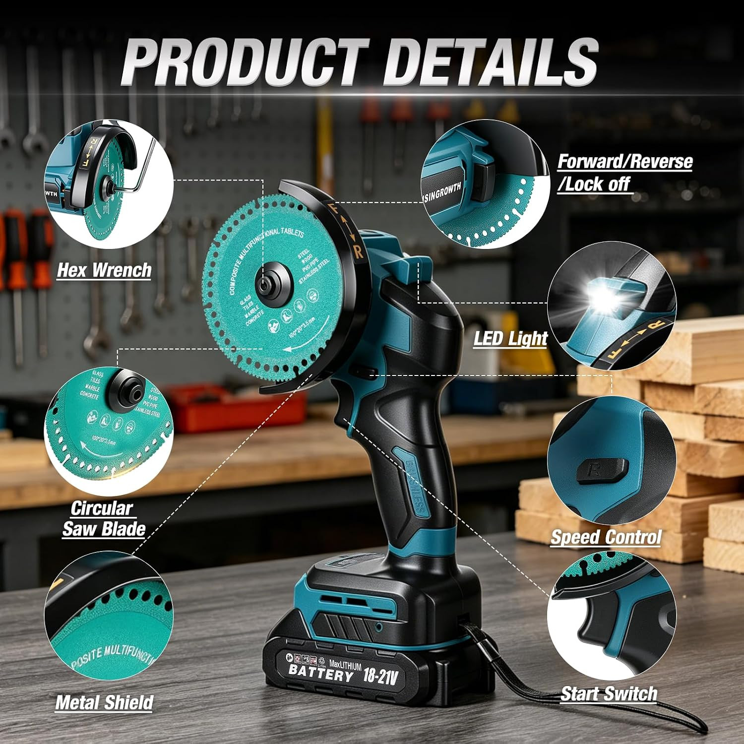 Cordless Cut off Tool with 2 Batteries, 4-Inch 21V Brushless Mini Saw Kit, 3-Spe