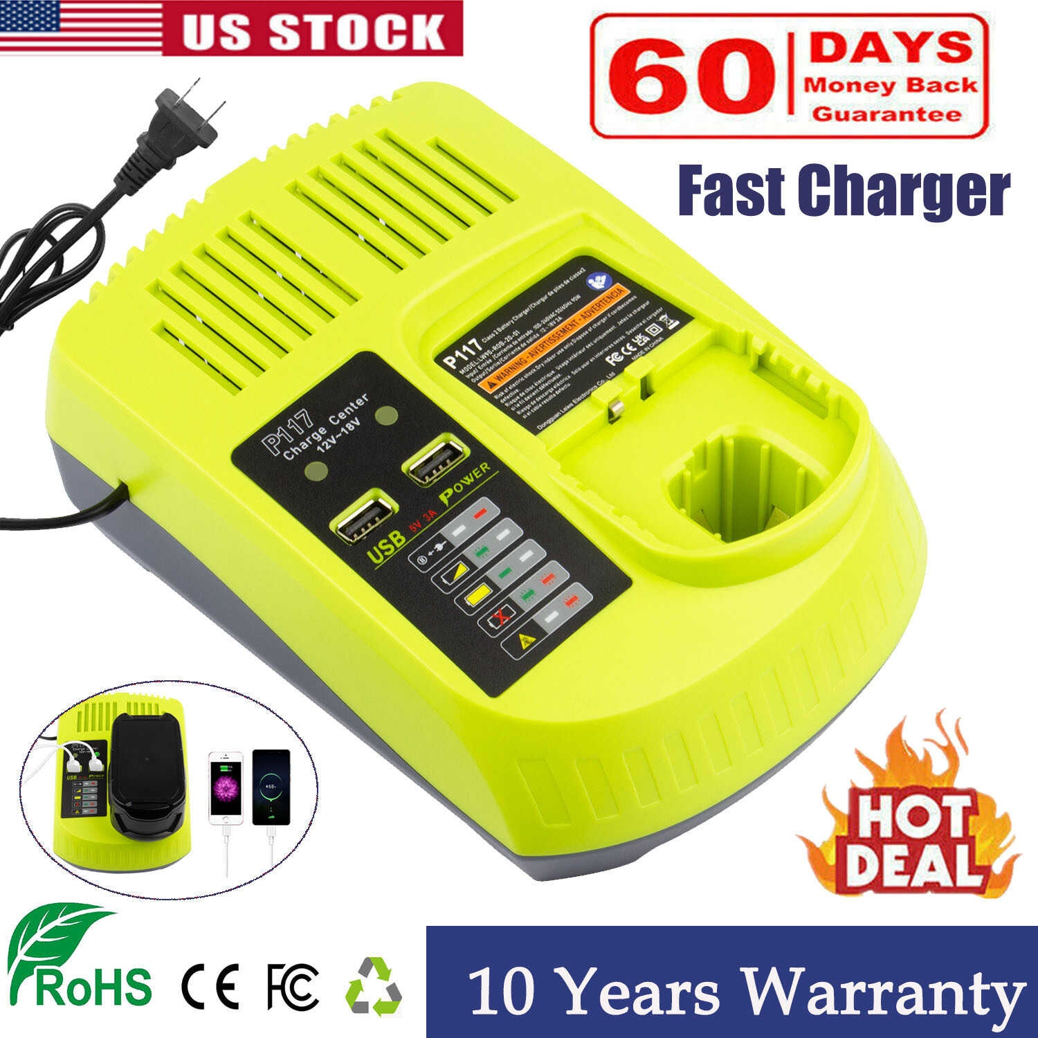 Charger For RYOBI P117 Battery High Capacity 18Volt Lithium-Ion P108 P107 P106
