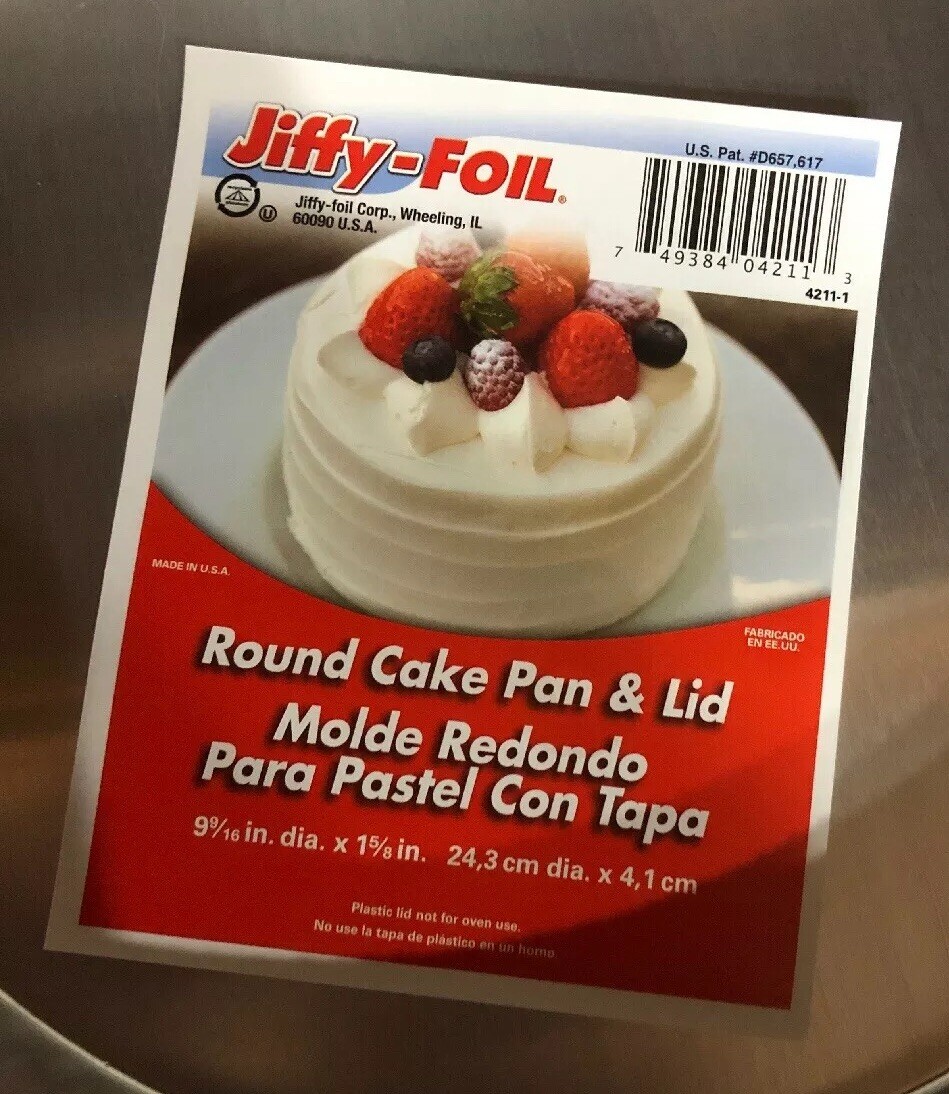 Jiffy-Foil Round Cake Pan & Lid 2 Ea 9 9/16” Dia X 1 5/8” #4211-1-RARE-SHIP24HRS