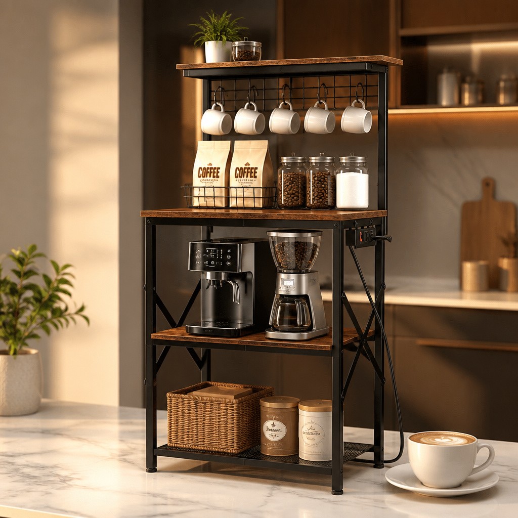 Kitchen Bakers Rack Power Outlet 4-Tier Oven Stand Storage New