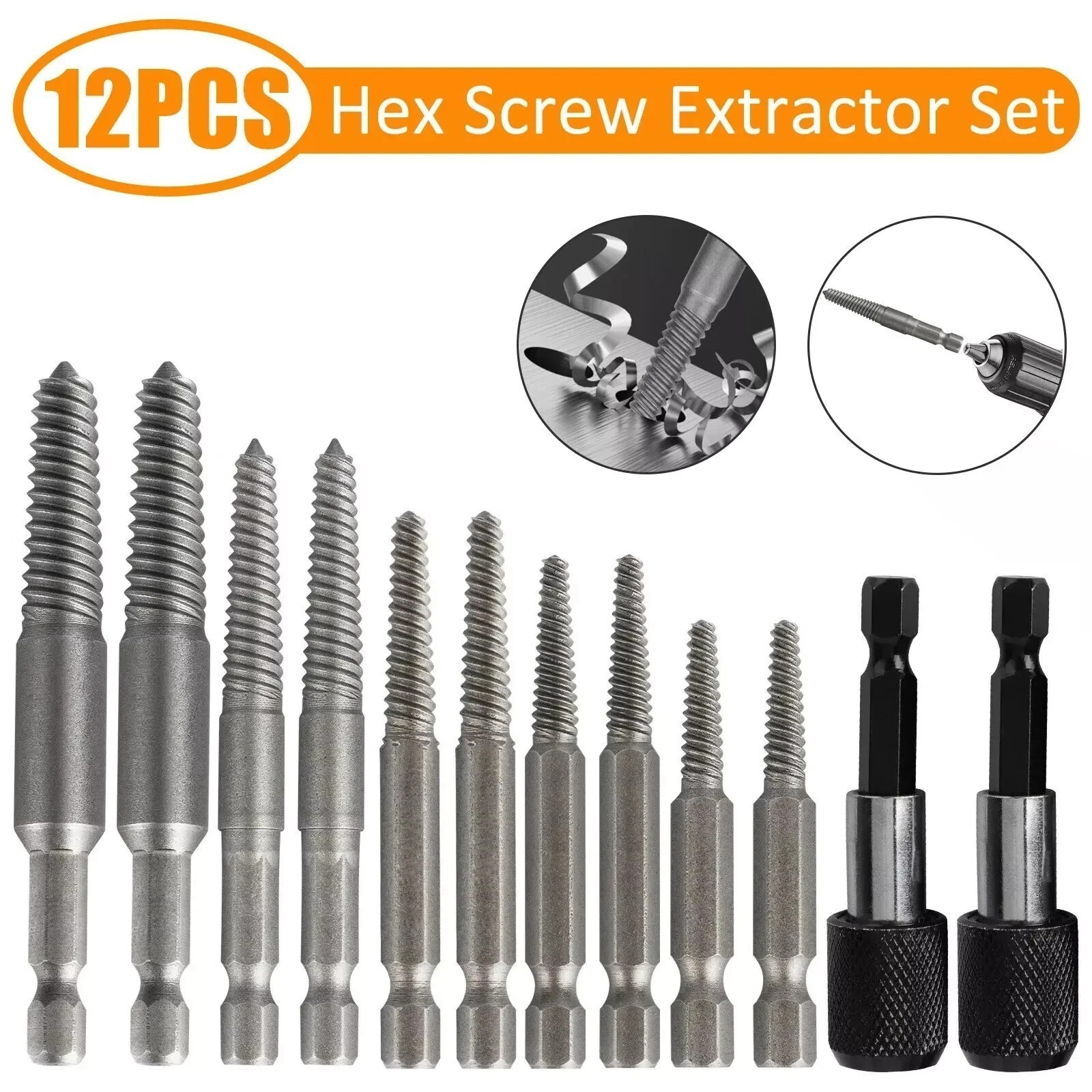 12Pcs Stud Screw Extractor Remover 1/4 Inch Hex Shank Damaged Bolt Easy Out-Sets