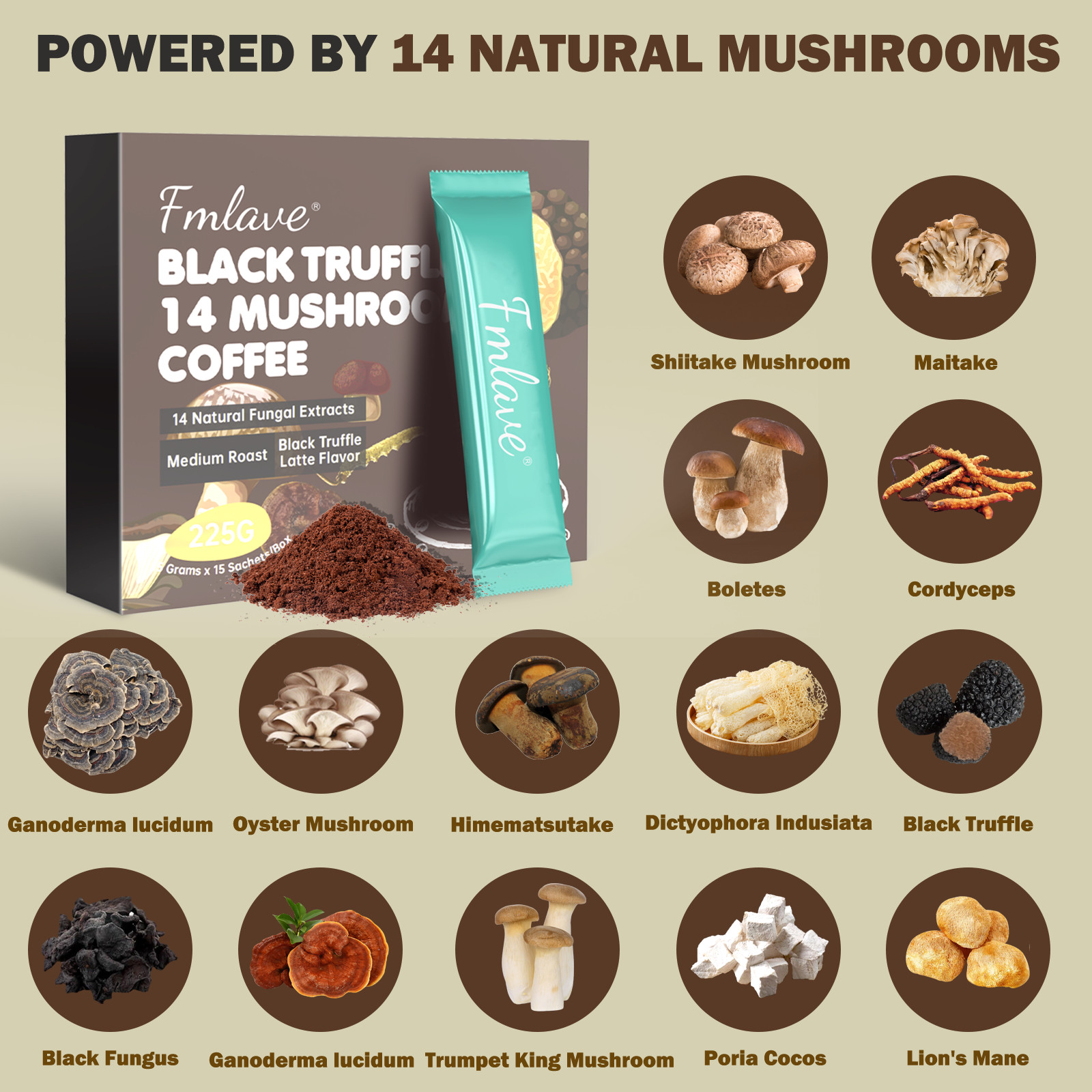 Organic Mushroom Coffee Instant Coffee, 14 Mushroom Extract Energy & Brain Boost