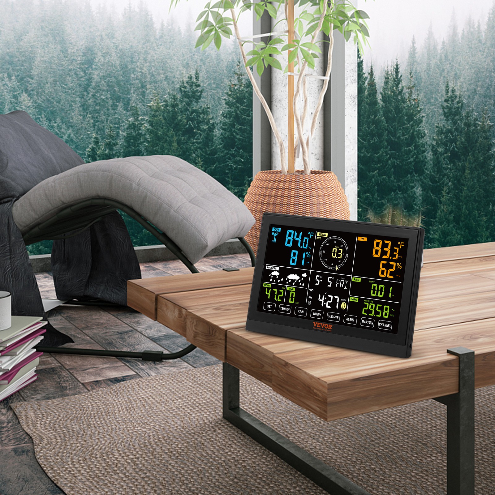 VEVOR 7-in-1 Wi-Fi Weather Station 7.5 in Color Display Wireless Outdoor Sensor