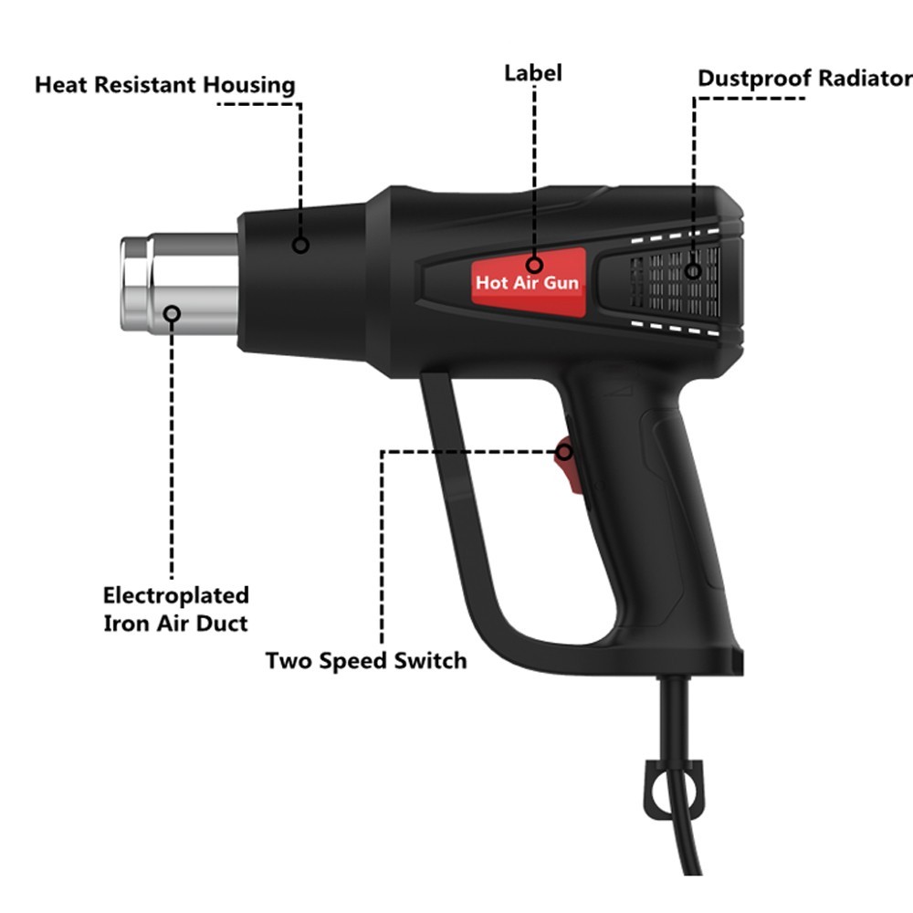 2000W Heat Gun Fast Heat Hot Air Gun Kit with 4 Nozzles Dual Temperature Setting