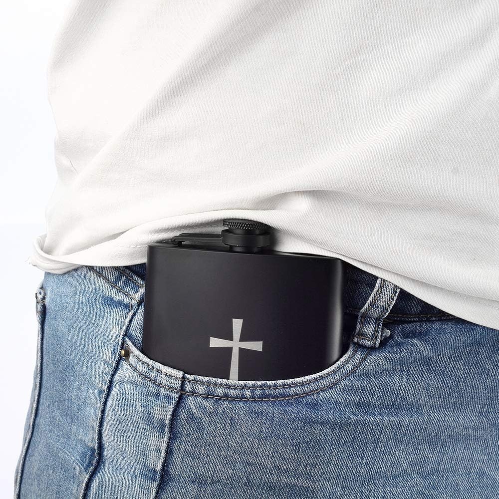 HOLY WATER, 8oz Stainless Steel Black Hip Flask for Liquor, Leakproof with Fu…