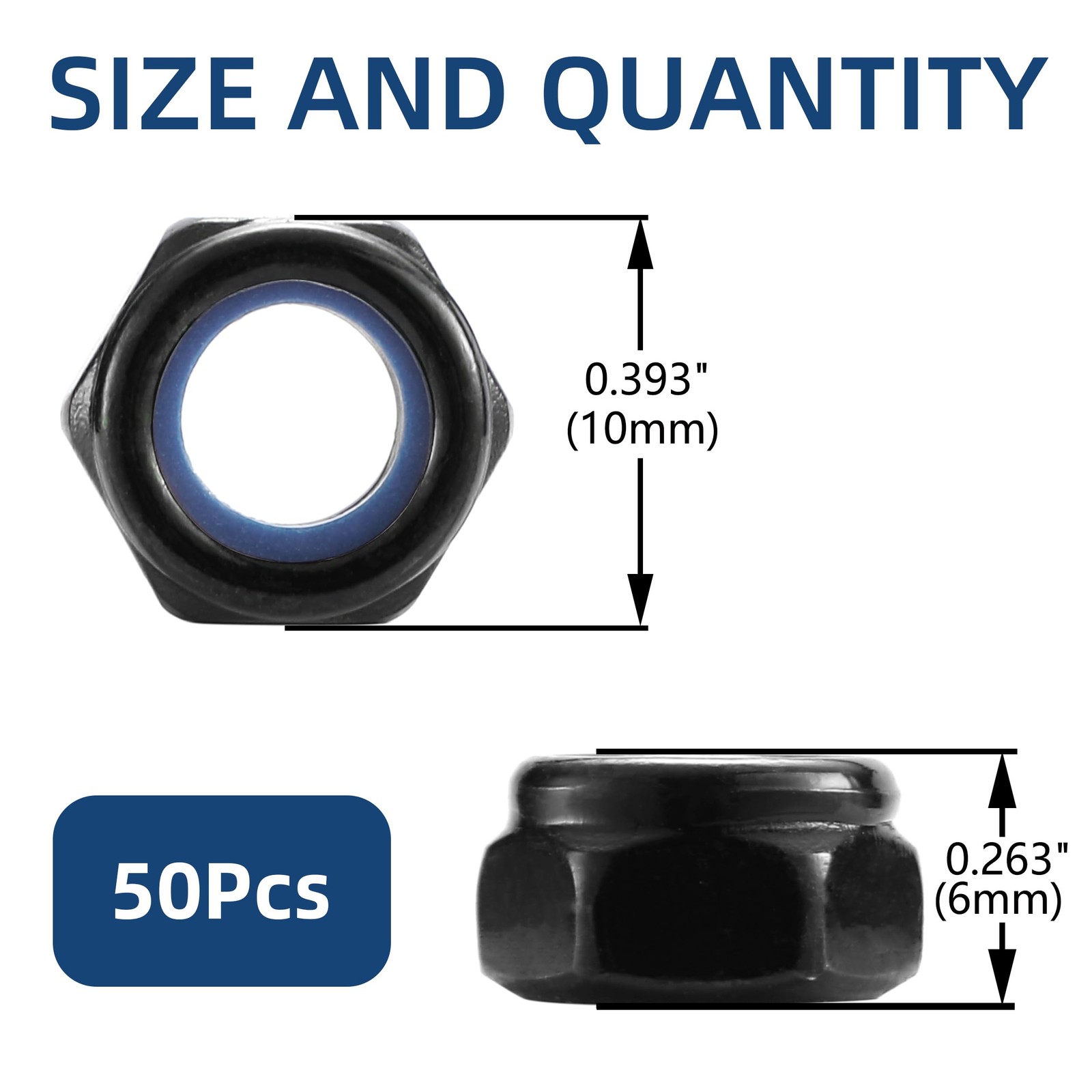 M6 x 1.0mm Nylon Insert Hex Lock Nuts 50Pcs 304 Stainless Steel M6, Black