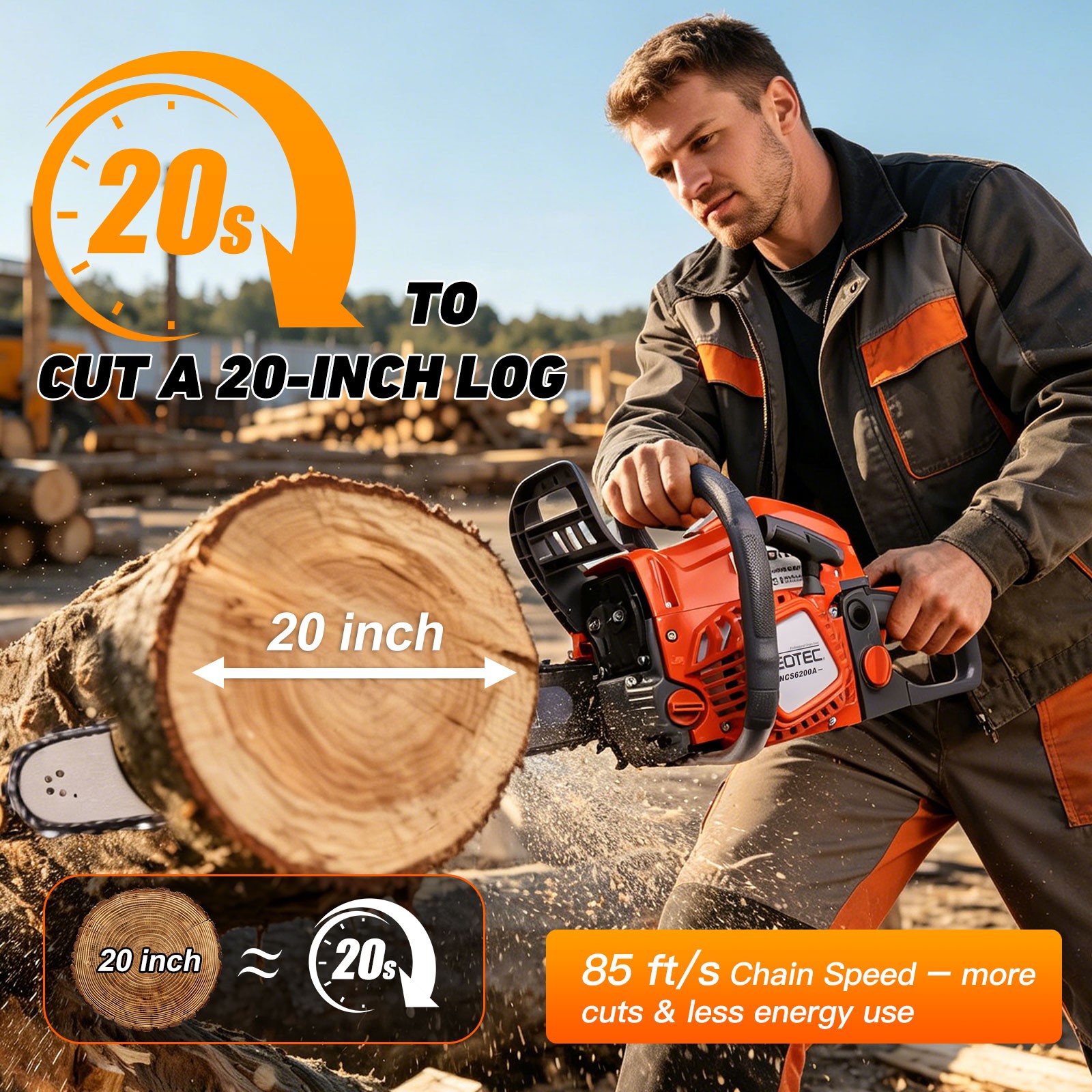 62cc Gas Powered Chainsaw with 22” Guide Bar Saw Chain 2-Stroke Engine Cut Wood