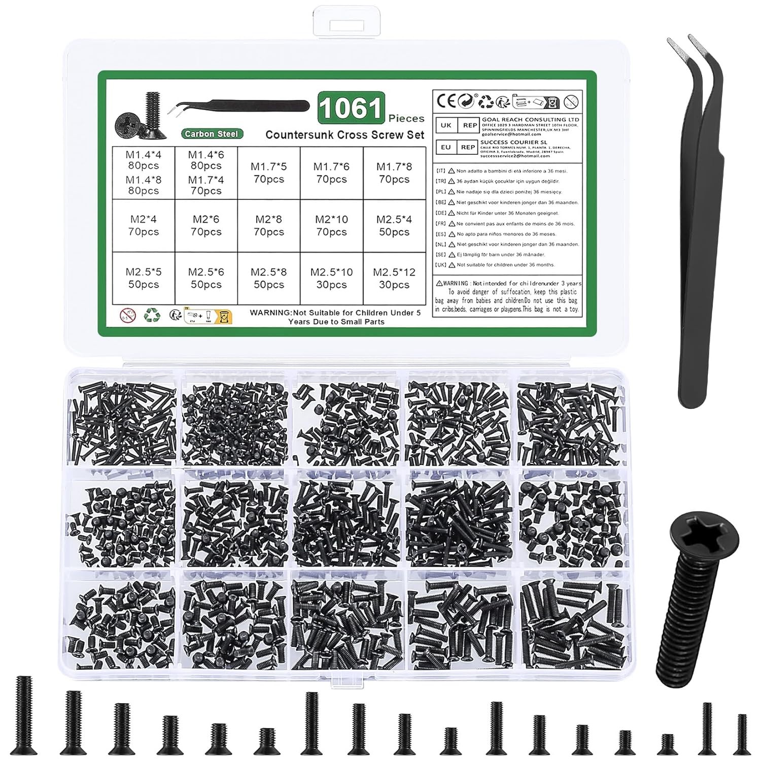 M1.4 M1.7 M2 M3 M4 M5 Phillips Flat Head Screws Bolts Nuts Washer Assortment kit