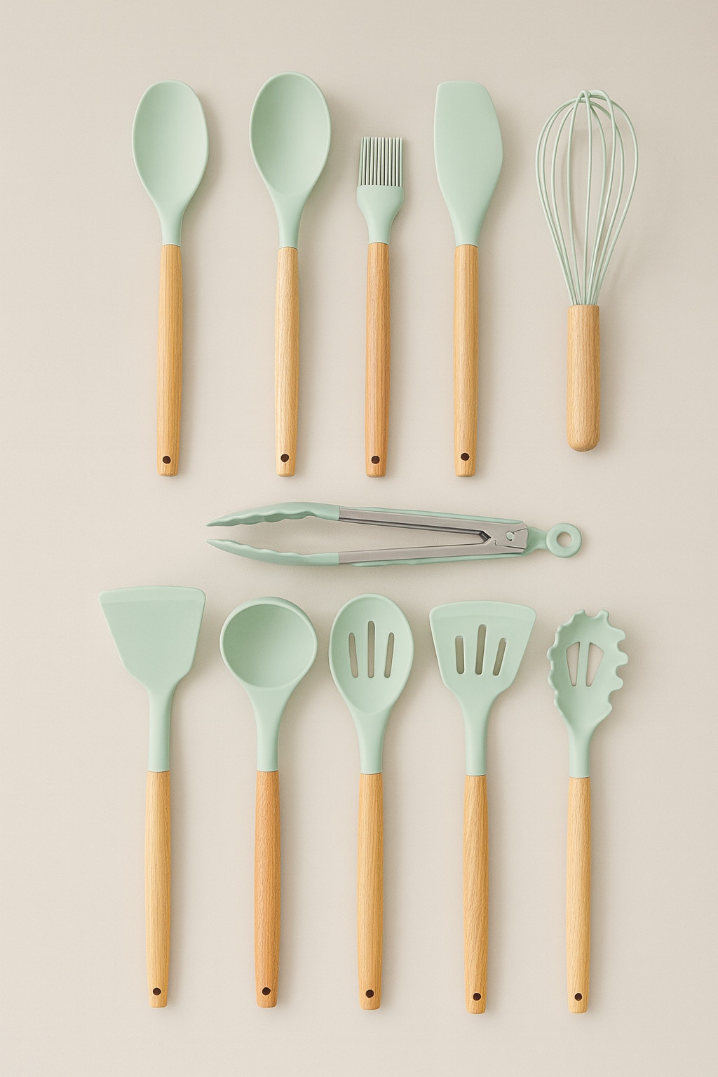 12 PCS Silicone Kitchenware Utensil Set with Wooden Handle & Holder Green