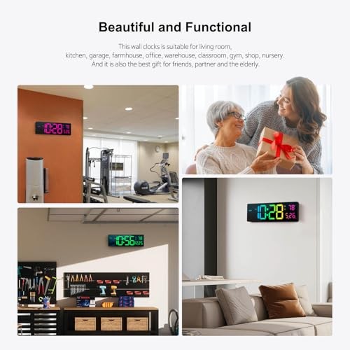 Digital Wall Clock Large Display 16″, Digital Clock with 11 RGB Multicolor
