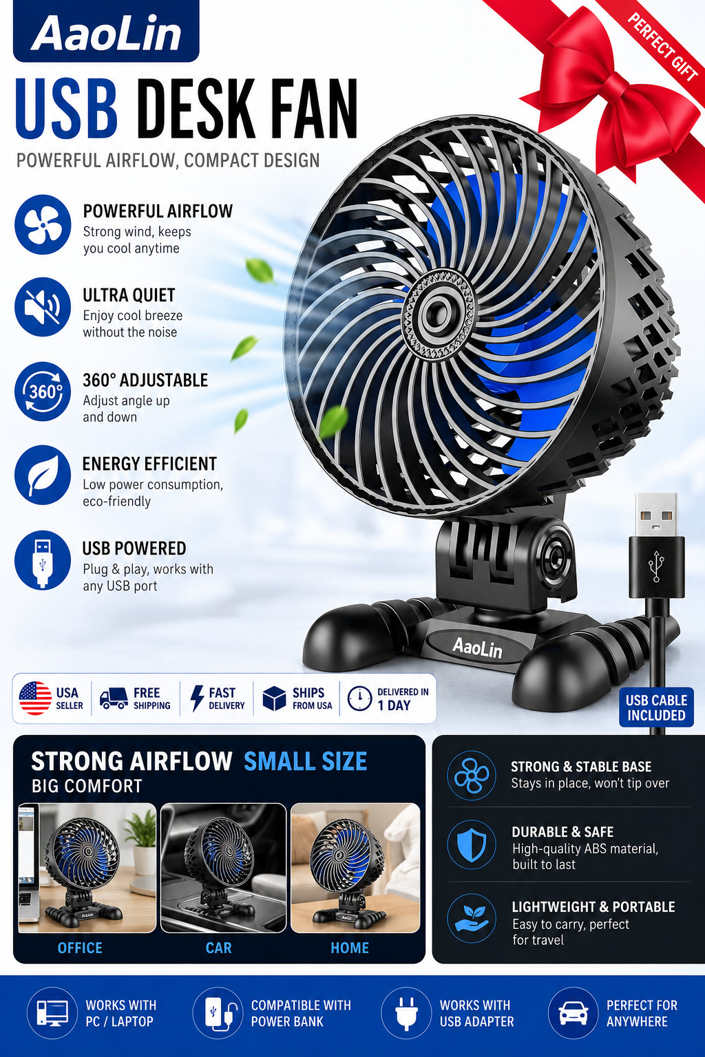 USB Desktop Small Fan, Stepless Speed Adjustment with Multiple Speed Levels, Por
