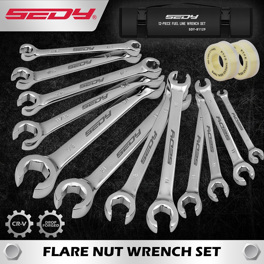 14PC Flare Nut Wrench Set Metric & SAE Brake Line Offset Repairing with TFE Tape