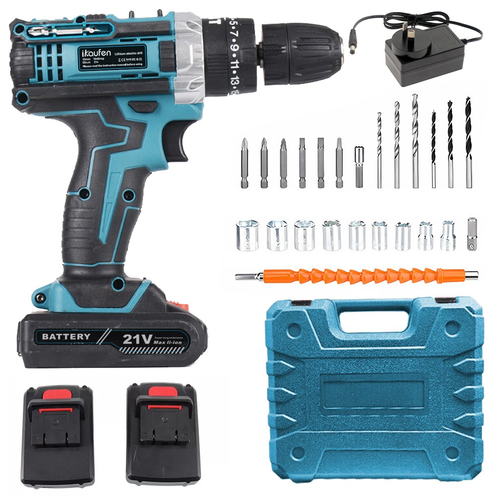 2 Battery Cordless Hammer Drill Set Electric Impact Driver Screwdriver Kit B2