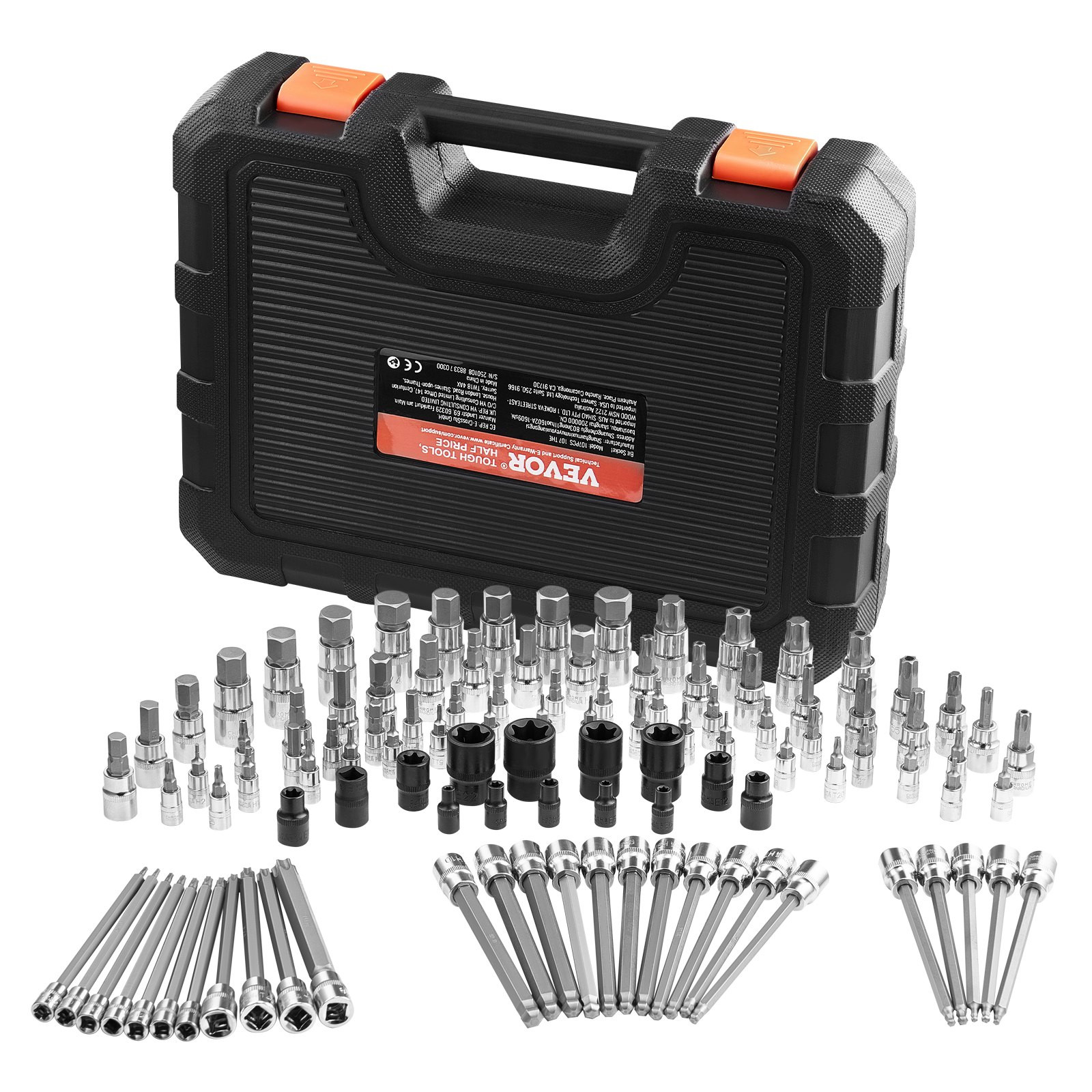 VEVOR Bit Socket Set, 107-Piece SAE and Metric, Hex/Torx/External Torx/Tamper-Pr