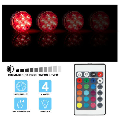 4 Pcs Pool Lights Submersible LED Lights w/Remote Underwater Light for Ponds
