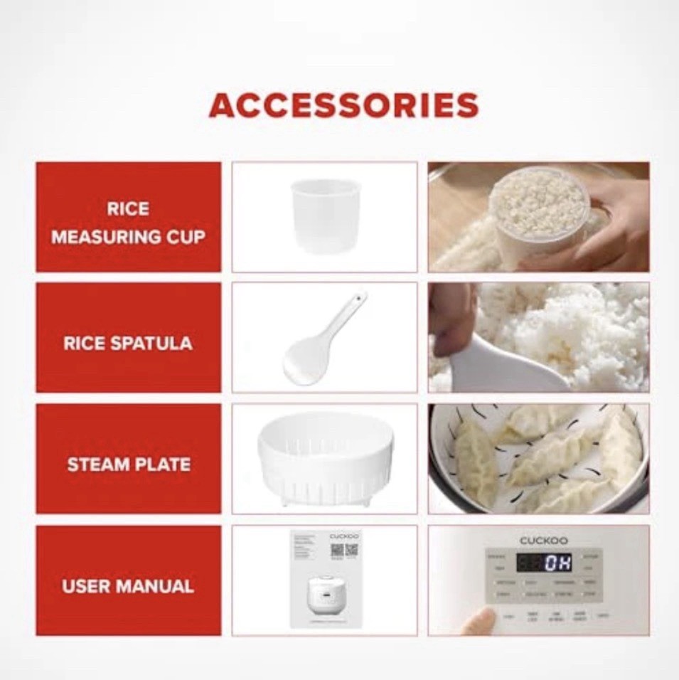 6-Cup Cuckoo Rice Cooker: 11 modes, auto-warm, timer & dishwasher-safe parts.
