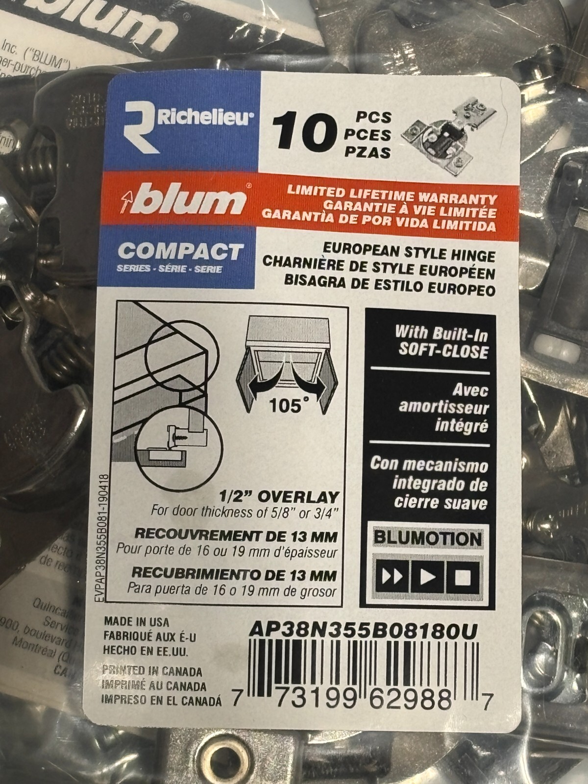30X Blum 1/2-in Overlay Soft Close Concealed Cabinet Hinge 105 Degree European