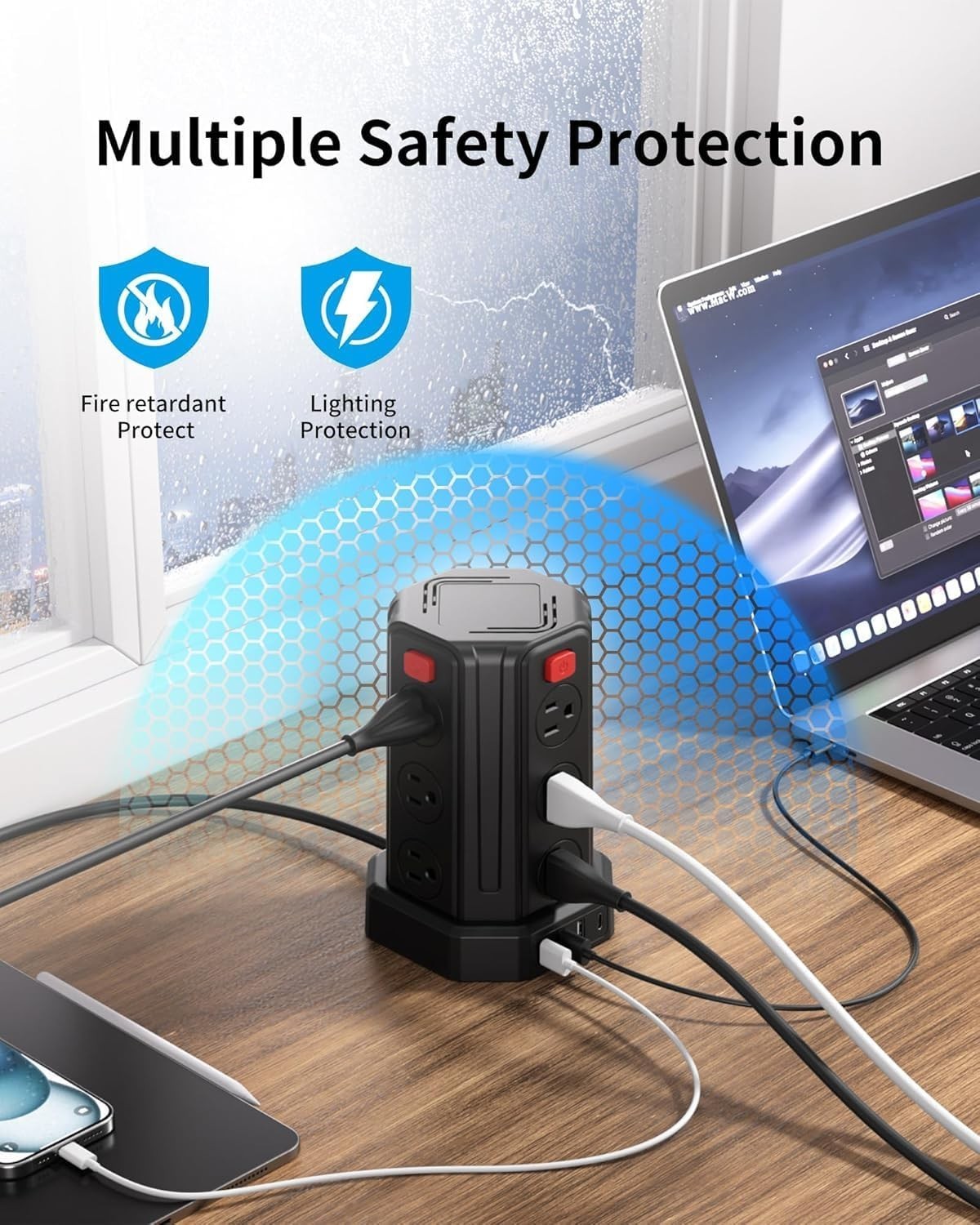 Compact 12-Outlet Power Strip with 4 USB Ports – 6.5 Ft Surge Protection Tower