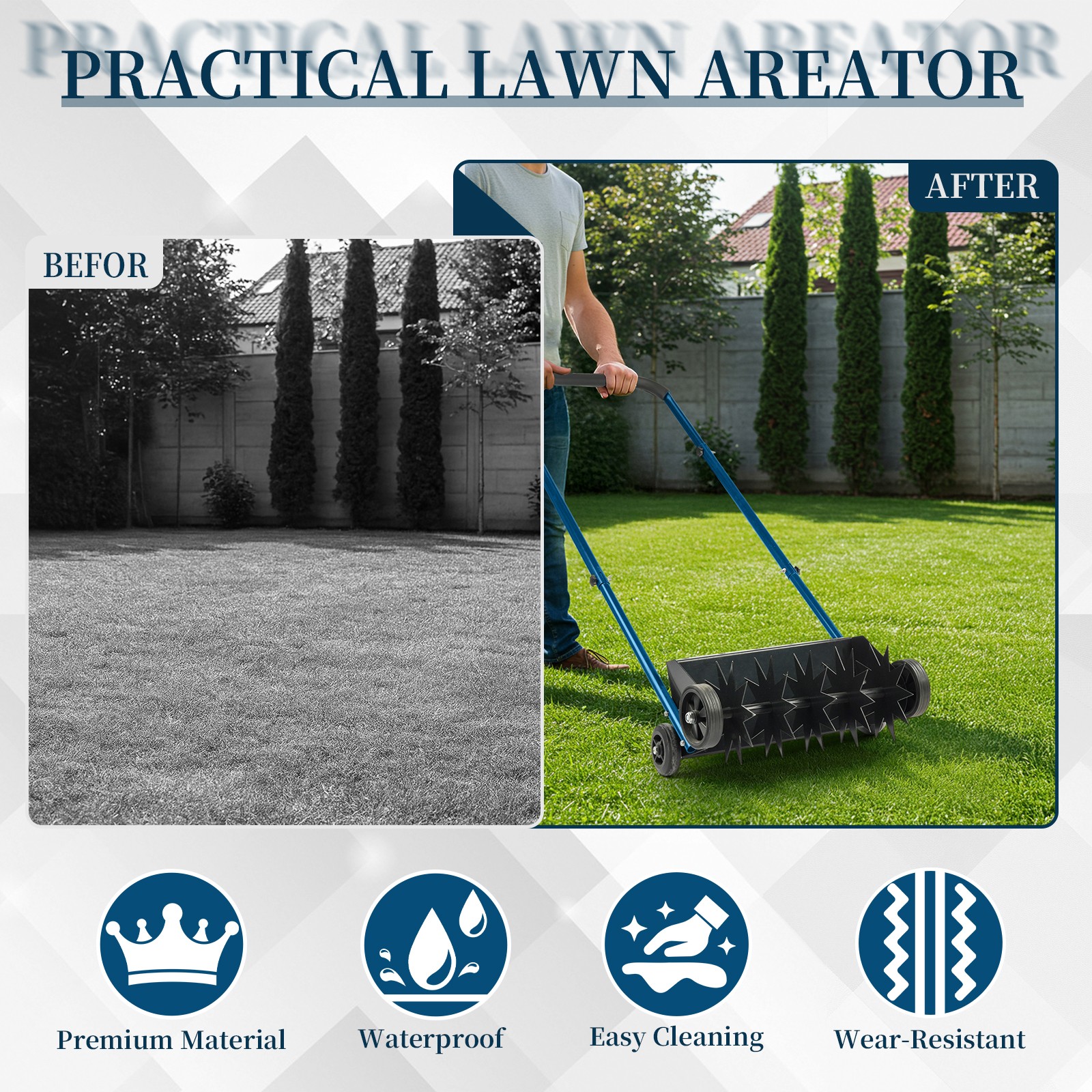 19in Push Spike Aerator, Heavy Duty Rolling Lawn Aerator,with U-shaped Handle
