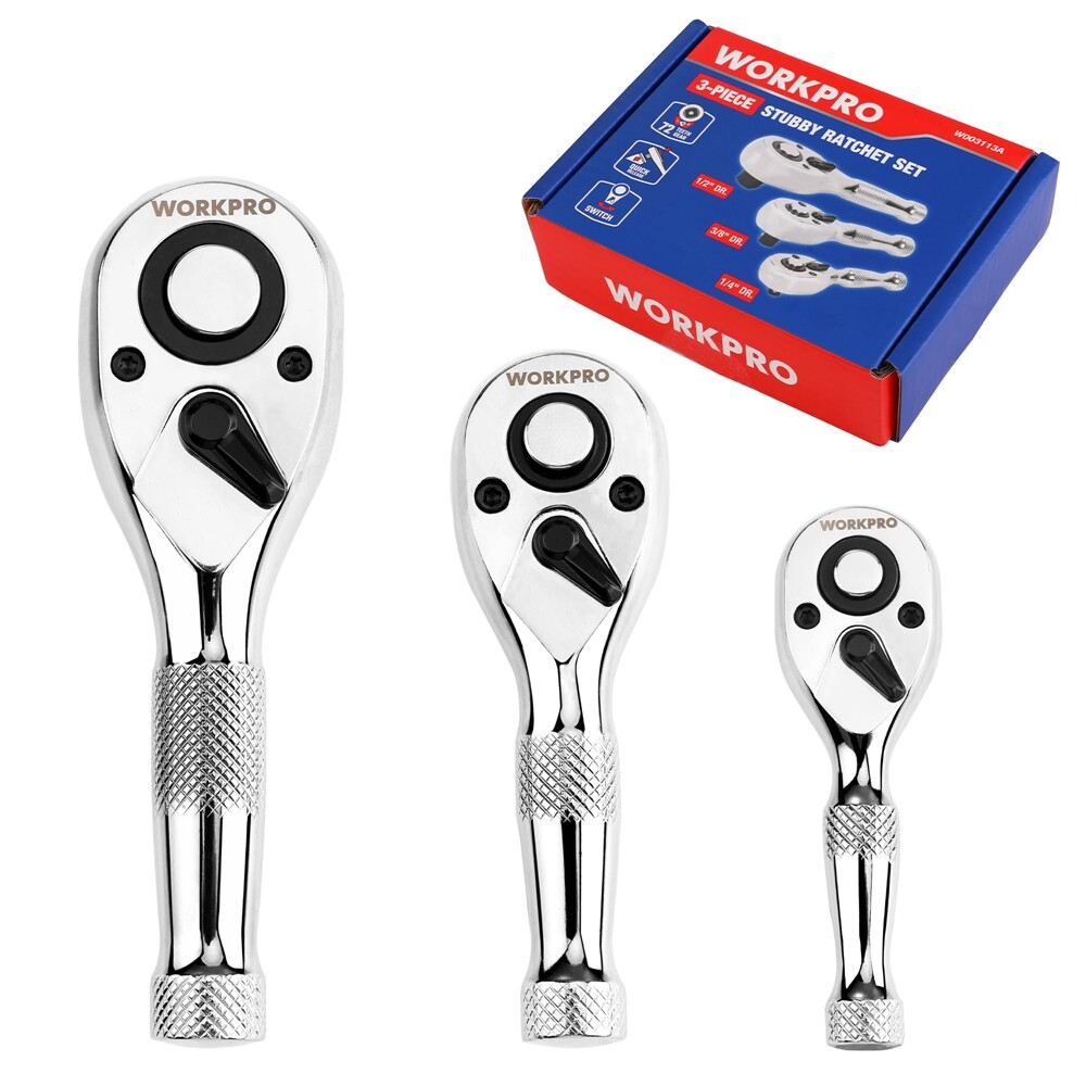 WORKPRO 3PC Stubby Ratchet Set 1/4″ 3/8″ 1/2″ Drive Ratchet Handle Quick Release