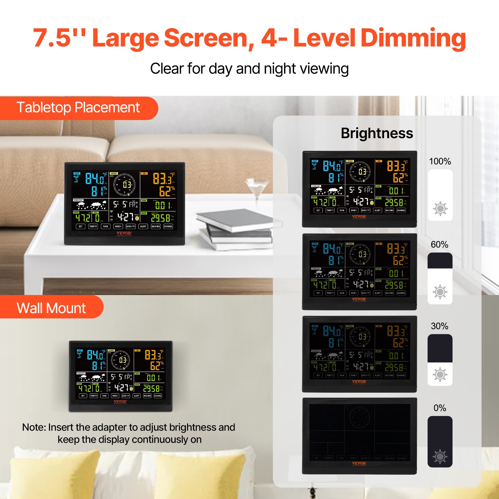 VEVOR 7-in-1 Wi-Fi Weather Station 7.5 in Color Display Wireless Outdoor Sensor