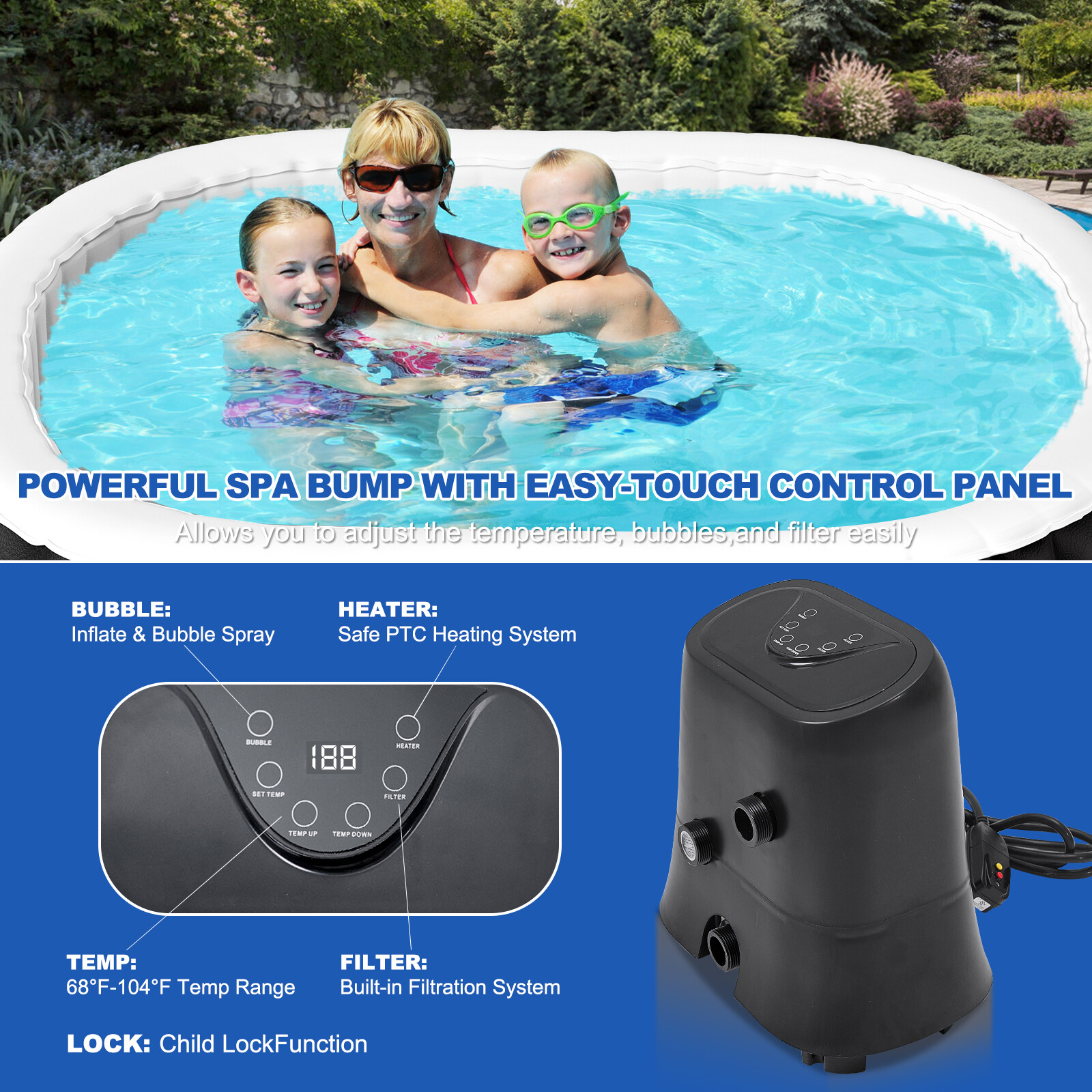 H&ZT 2 Person Inflatable Hot Tub w/Table Leak-Proof PVC Outdoor Spa 100 Air Jets