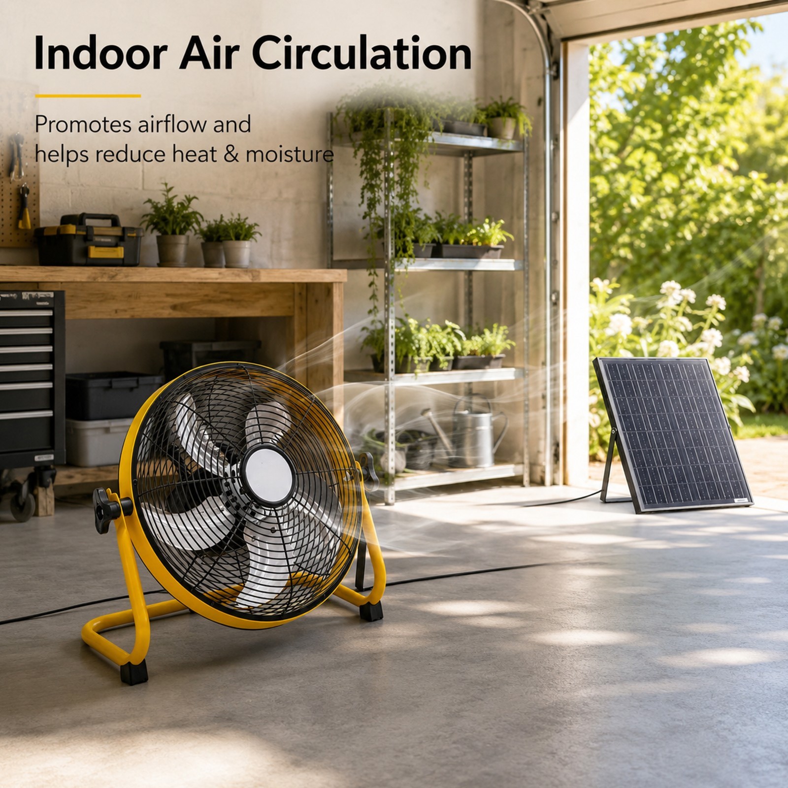 12″ Solar Rechargeable Floor Fan Built-in 1500mAh Battery for Backyard Camping