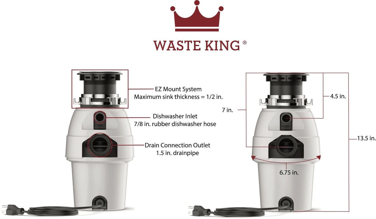 Waste King Legend Continuous Feed Garbage Disposal for Kitchen Sink 1/2HP L-2600
