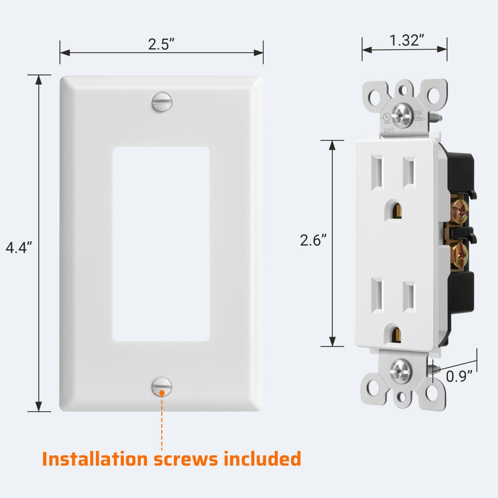 10 Pack Standard Electrical Outlet 15A Decorator Receptacle w/ Wall Plate White