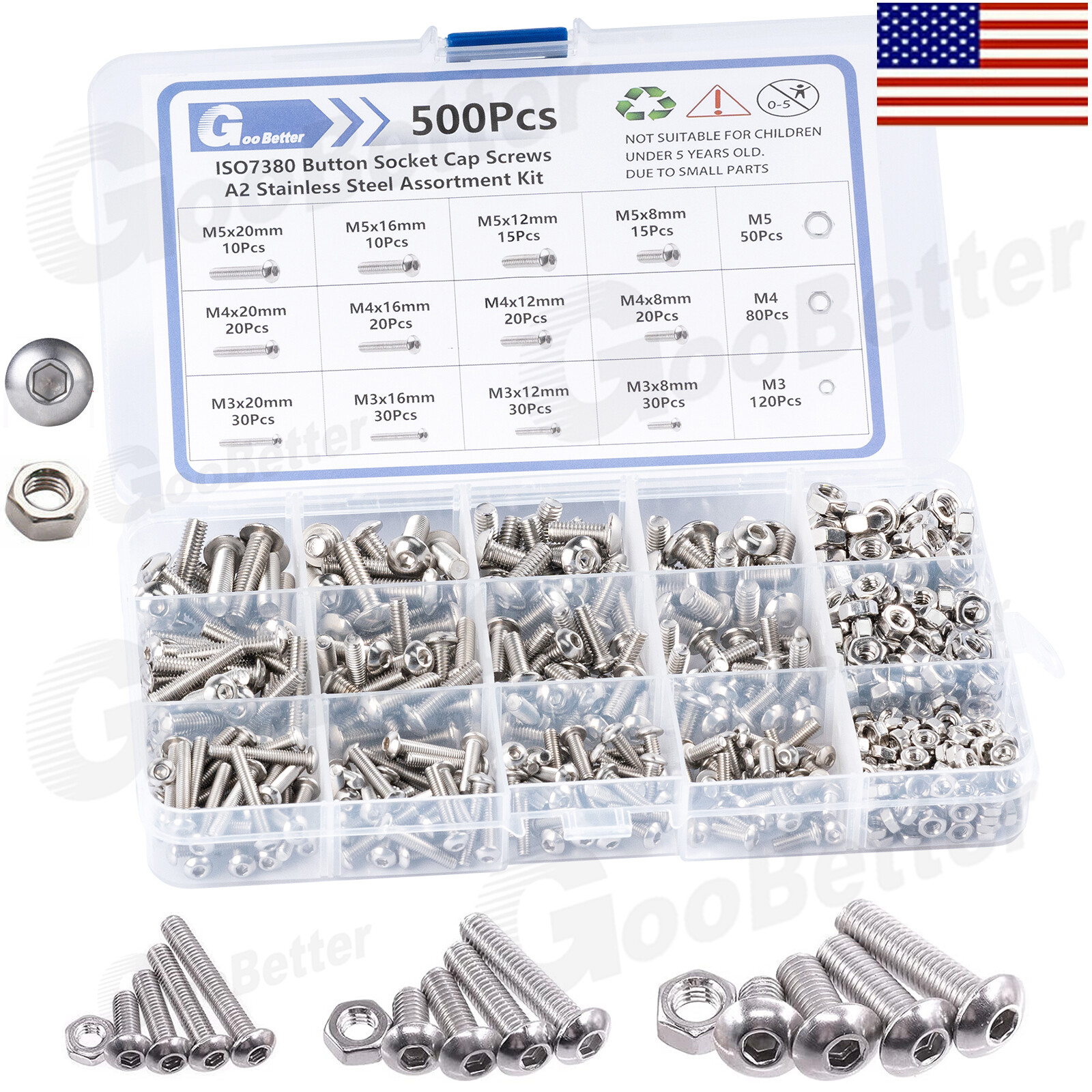 Button Head /Flat/Socket Cap Screws Allen Bolts Hex Drive Stainless With Nuts