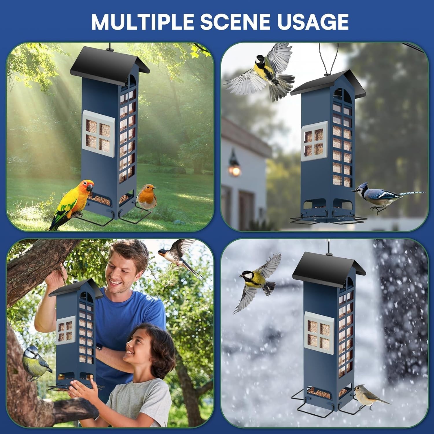 All-Weather Squirrel Proof Bird Feeder – 2LB Capacity, Adjustable Perches – Blue