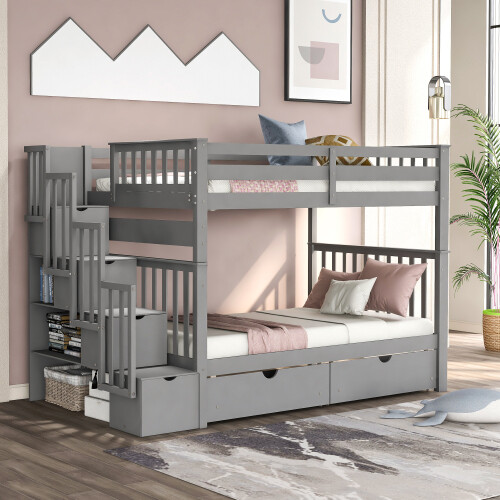 Full Over Full Bunk Bed w/ 6 Storage Drawers & Stairs For Kids Teens Adults Gray