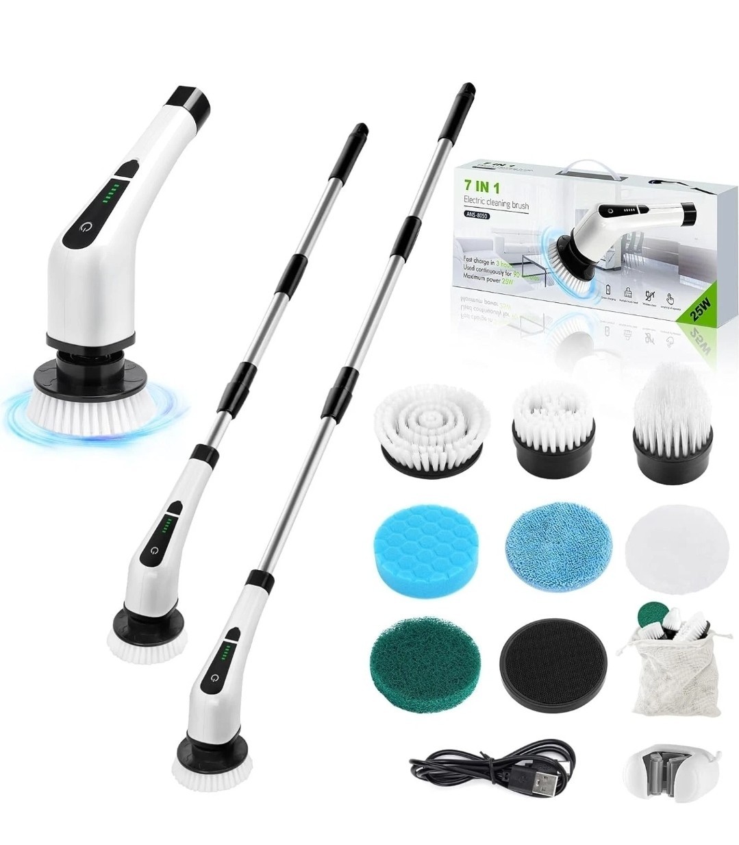 7in1 Electric Spin Scrubber Cordless Bathroom Tub Scrubber w/ Long Handle 8Head