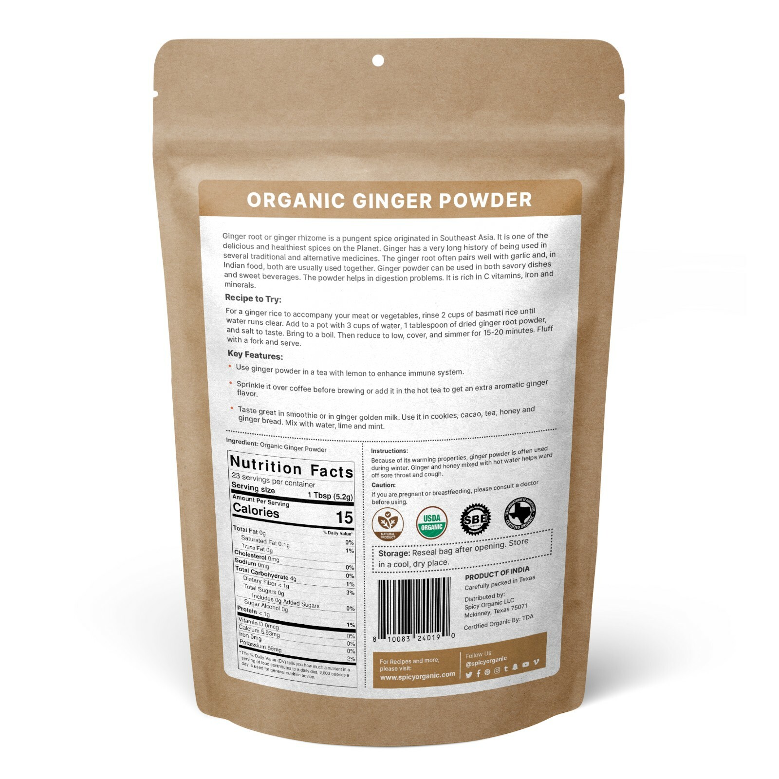 Organic Ground Ginger Powder (4 OZ) Pure and Raw Ginger Powder for Beverages