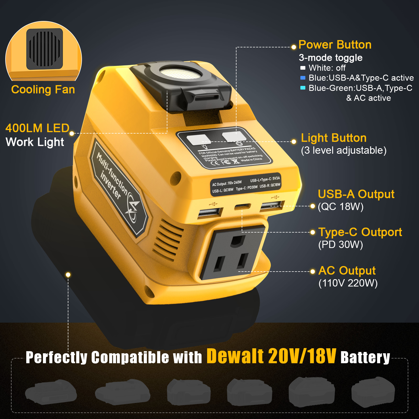220W Power Inverter Compatible with Dewalt 20V Battery – DC 20V to 110V AC