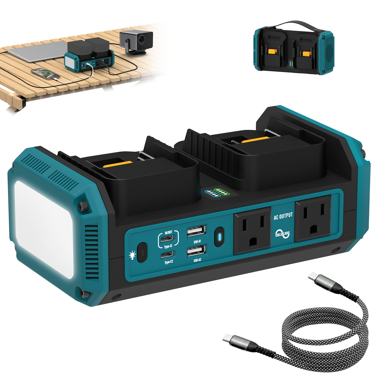 350W Pure Sine Wave Inverter for Makita 18V-140W PD USB-C Fast Charge LED Light