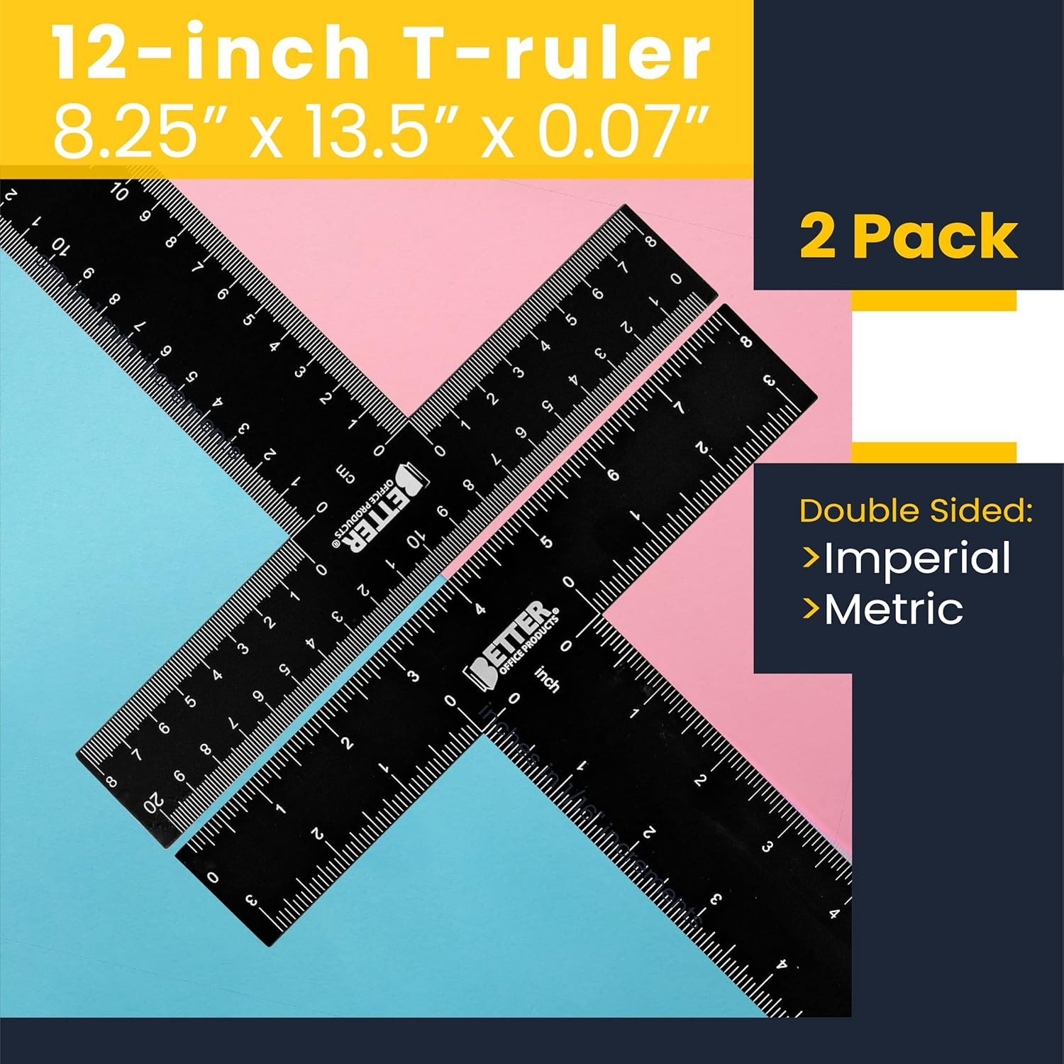 T Square (2 Pack) T Ruler, 12 inch Metal Carbon Steel Ruler, Double Sided Standa