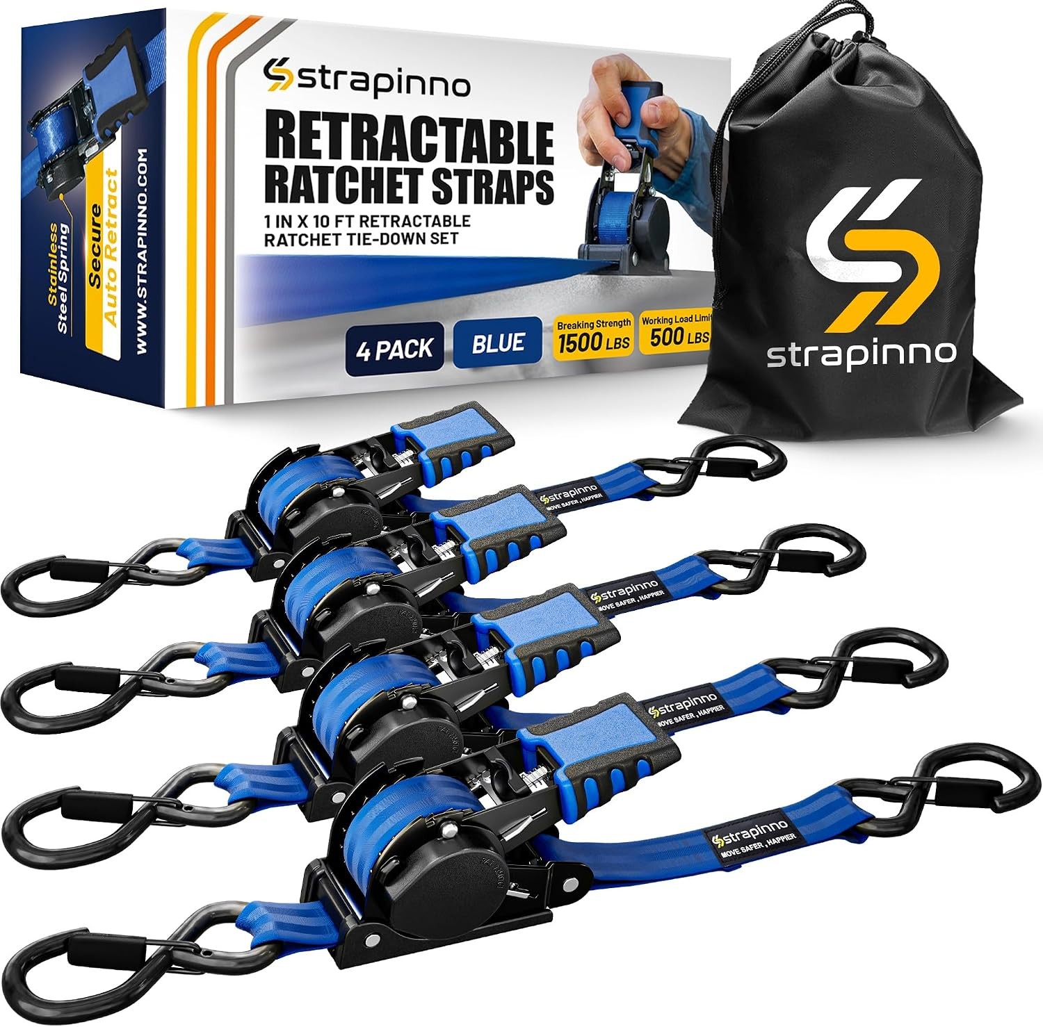 Retractable Ratchet Straps 4-Pack 1 in x 10 ft 1,500LBS Break Strength Most